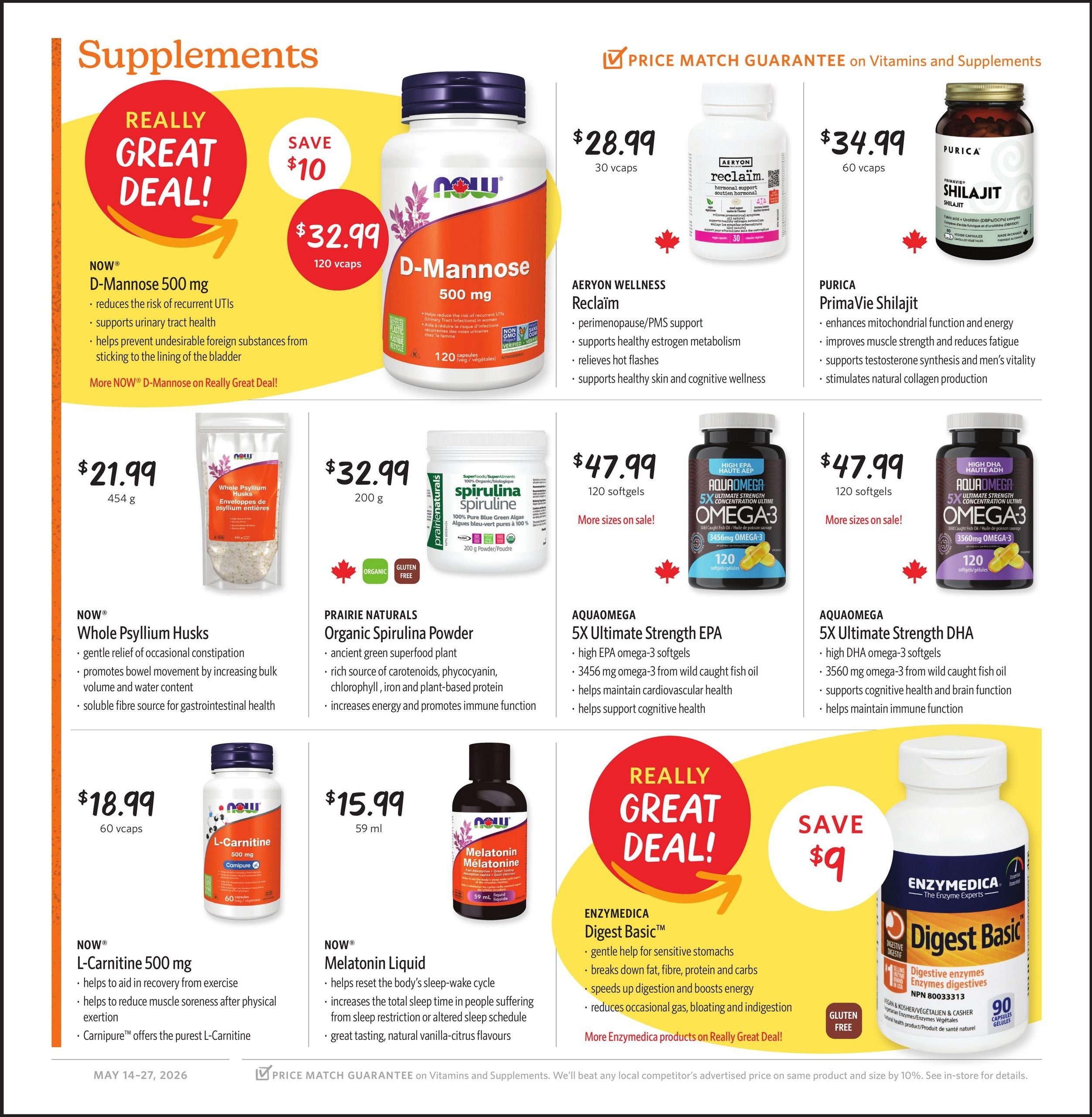 Nature's Fare Markets flyer page 7 features a selection of supplements. Featured products include NOW D-Mannose 500 mg for $32.99, Aeryon Wellness Reclaim for $28.99, and Purica PrimaVie Shilajit for $34.99. Also available are NOW Whole Psyllium Husks for $21.99, Prairie Naturals Organic Spirulina Powder for $32.99, and AquaOmega 5X Ultimate Strength EPA for $47.99. Additionally, AquaOmega 5X Ultimate Strength DHA is $47.99. NOW L-Carnitine 500 mg is priced at $18.99, and NOW Melatonin Liquid is $15.99. A 'Really Great Deal!' highlights Enzymedica Digest Basic for digestive support, with a $9 saving. The flyer also mentions a price match guarantee on vitamins and supplements.