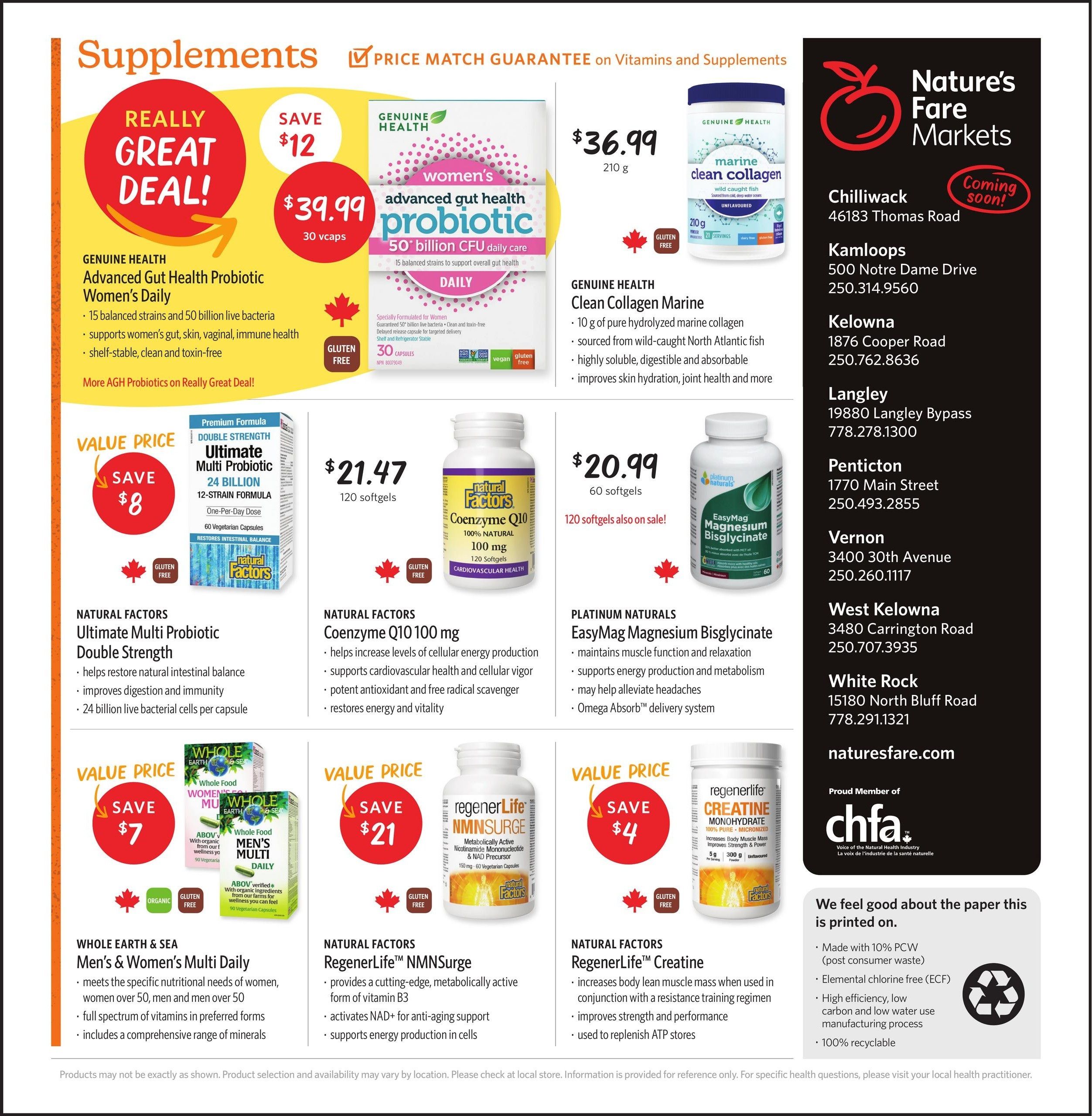 Nature's Fare Markets flyer specials page 8, featuring supplements. Includes Genuine Health Advanced Gut Health Probiotic Women's Daily for $39.99 (save $12), Genuine Health Clean Collagen Marine for $36.99, Natural Factors Ultimate Multi Probiotic Double Strength for $21.47 (save $8), Natural Factors Coenzyme Q10 100 mg for $20.99 (120 softgels also on sale), Platinum Naturals EasyMag Magnesium Bisglycinate, Whole Earth & Sea Men's & Women's Multi Daily for $7 (save $7), Natural Factors RegenererLife NMNNSurge for $21 (save $21), and Natural Factors RegenererLife Creatine for $24 (save $4). The flyer also lists Nature's Fare Markets store locations and contact information, and mentions their commitment to sustainable printing practices.