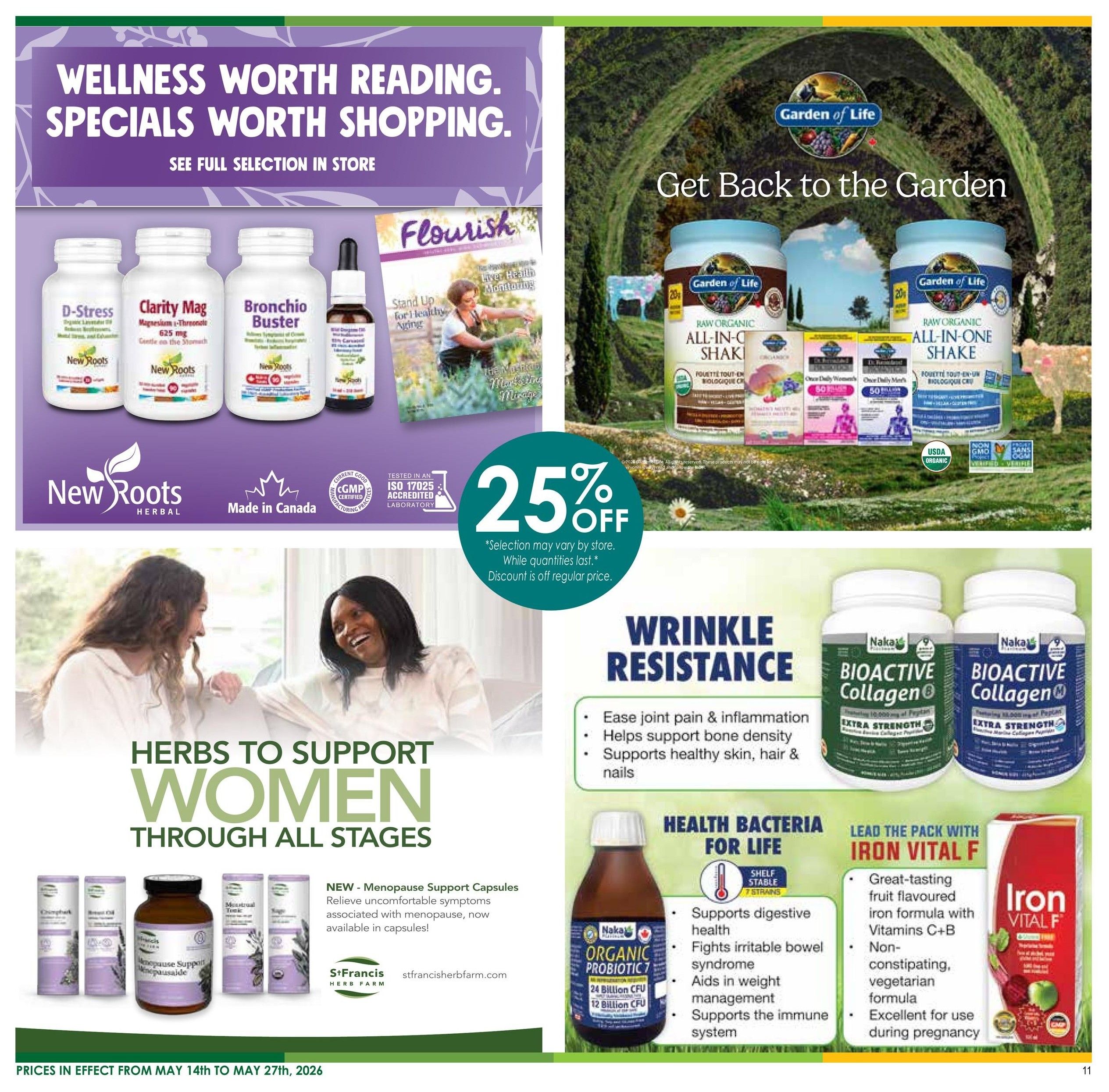 Nature's Emporium flyer page 11 featuring wellness specials. Top section highlights 'Wellness Worth Reading. Specials Worth Shopping.' with New Roots Herbal products including D-Stress, Clarity Mag, and Bronchio Buster. Also features the 'Flourish' magazine. The right side showcases Garden of Life Raw Organic All-In-One Shakes with a 25% off discount offer, valid while quantities last. The bottom left section focuses on 'Herbs to Support Women Through All Stages' with St. Francis Herb Farm Menopause Support Capsules and other related products. The bottom right section promotes Nakai Bioactive Collagen Extra Strength and Iron Vital F, a fruit-flavoured iron formula with vitamins C+B, suitable for use during pregnancy. Prices are in effect from May 14th to May 27th, 2026.