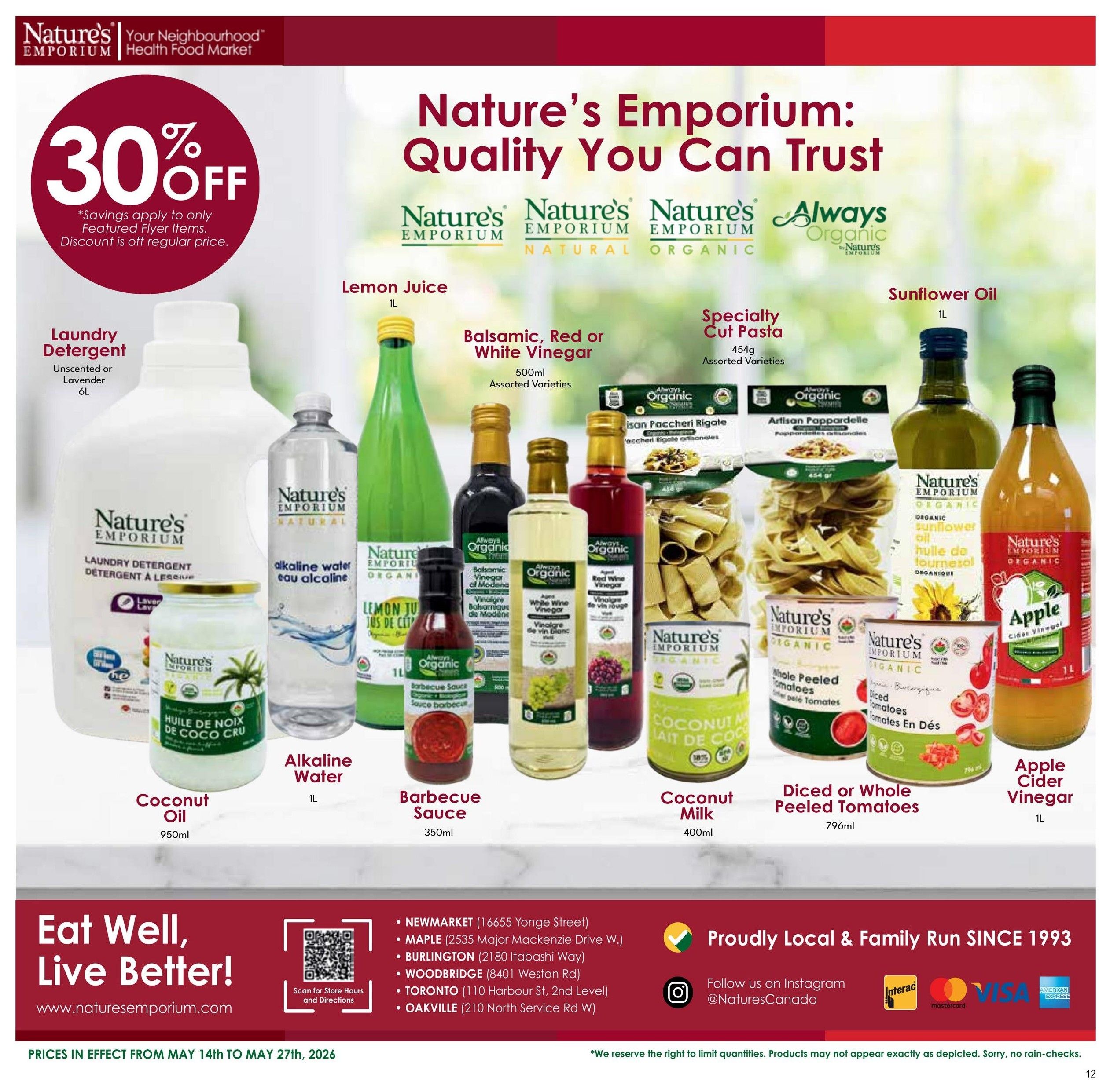 Nature's Emporium flyer page 12 featuring a 30% off discount on featured flyer items. Products include 6L Nature's Emporium Laundry Detergent (Unscented or Lavender), 950ml Coconut Oil, 1L Lemon Juice, 350ml Barbecue Sauce, 1L Alkaline Water, 500ml Assorted Varieties of Balsamic, Red or White Vinegar, 400ml Coconut Milk, 454g Assorted Varieties of Artisan Pappardelle pasta, 796ml Diced or Whole Peeled Tomatoes, 1L Nature's Emporium Organic Sunflower Oil, and 1L Apple Cider Vinegar. The flyer also includes store locations, website www.naturesemporium.com, and payment options. Prices are valid from May 14th to May 27th, 2026.