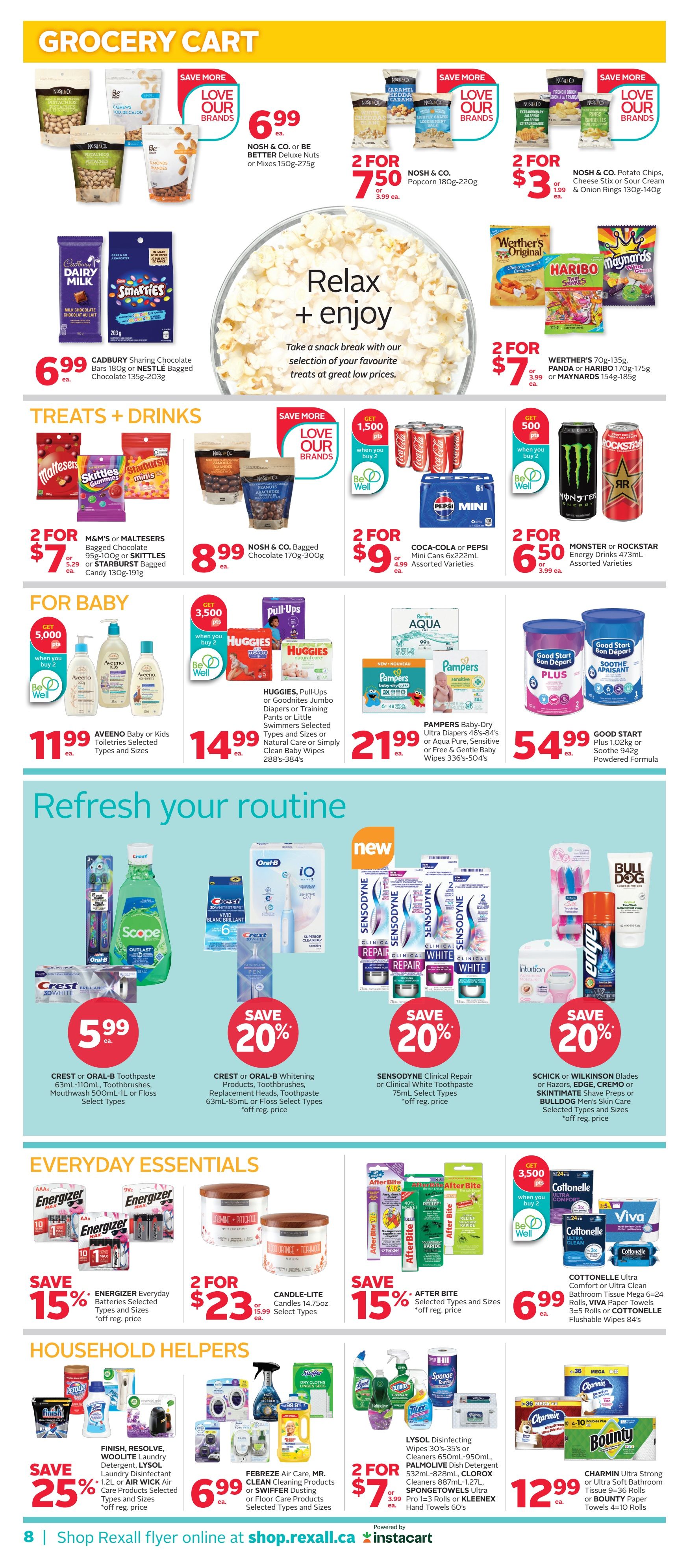 Rexall flyer page 17 featuring grocery cart items, treats and drinks, baby products, refresh your routine essentials, everyday essentials, and household helpers. In the grocery cart section, find Nosh & Co. Deluxe Nuts or Mixes for $6.99 each, and Nosh & Co. Popcorn for 2 for $7.50. Also featured are Cadbury Dairy Milk Chocolate Bars or Nestle Bagged Chocolate for $6.99. Treats and drinks include M&M's or Maltesers for 2 for $7, Nosh & Co. Bagged Chocolate for $8.99, and Coca-Cola or Pepsi Mini Cans for 2 for $9. For baby, Aveeno Baby or Kids Toiletries are $11.99, Huggies Pull-Ups or Goodnites Jumbo Diapers or Training Pants are $14.99, and Pampers Ultra Diapers or Aqua Pure Sensitive Wipes are $21.99. Good Start Formula is $54.99. Refresh your routine includes Crest or Oral-B Toothpaste, Mouthwash, or Floss for $5.99, Crest or Oral-B Whitening Products for 20% off, and Sensodyne Clinical Repair or White Toothpaste for 20% off. Schick or Wilkinson Blades, Crest or Gillette Razors, or Bulldog Men's Skin Care are also 20% off. Everyday essentials include Energizer Batteries for 15% off, and Candle-Lite Candles for 2 for $23. After Bite products are 15% off. Cottonelle Ultra Comfort or Ultra Clean Bath Tissue is $6.99. Household helpers include Finish, Resolve, Woolite Laundry Detergent, or Lysol Laundry Disinfectant for 25% off. Febreze Air Care, Mr. Clean Cleaning Products, or Swiffer Products are $6.99. Lysol Disinfecting Wipes, Palmolive Dish Detergent, Clorox Cleaners, or Spongetowels are 2 for $7. Charmin Ultra Strong or Ultra Soft Bath Tissue or Bounty Paper Towels are $12.99.
