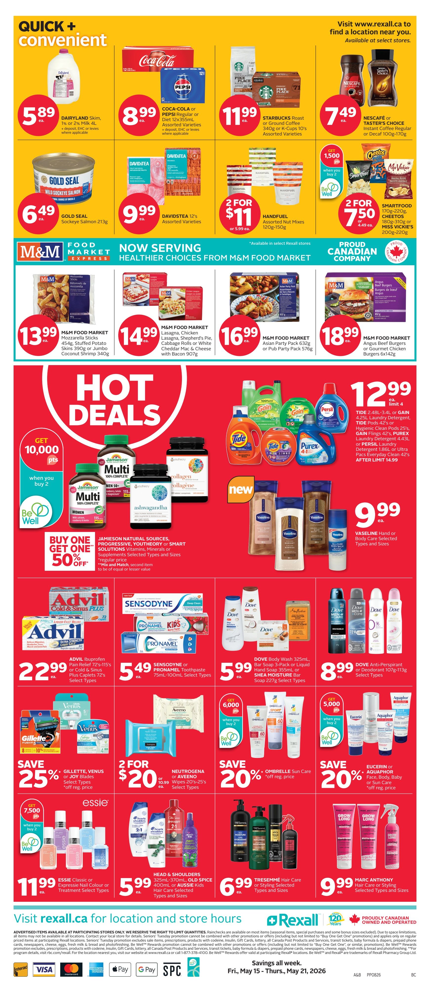 Rexall flyer page 3 featuring 'Quick + Convenient' deals: Dairyland Skim Milk 1% or 2% 4L for $5.89, Coca-Cola or Pepsi Regular or Diet 12x355mL for $8.99, Starbucks Roast or Ground Coffee 340g or K-Cups 10's for $11.99, and Nescafe Instant Coffee Regular or Decaf 100g-170g for $7.49. Also available are Gold Seal Sockeye Salmon 213g for $6.49, Davidstea 12's Assorted Varieties for $9.99, Handful Assorted Nut Mixes 120g-150g for 2 for $11, and Smartfood 170g-220g or Cheetos 180g-200g for 2 for $7.50. M&M Food Market offers include Mozzarella Sticks 390g or Jumbo Coconut Shrimp 340g for $13.99, Lasagna, Chicken Lasagna, Shepherd's Pie, Cabbage Rolls or White Cheddar Mac & Cheese with Bacon 907g for $14.99, Asian Party Pack 576g or Pub Party Pack 576g for $16.99, and Angus Beef Burgers or Gourmet Chicken Burgers 6x142g for $18.99. 'Hot Deals' include Jamieson Natural Sources, Youthology or Smart Solutions Vitamins, Minerals or Supplements with Buy One Get One 50% off. Laundry detergents like Tide 2.48L-3.4L or Gain 4.2L, Tide Pods 42's or Hygienic Clean Pods 25's, and Purex Laundry Detergent 4.43L or Persil Laundry Detergent 2.95L are available for $12.99 each, limit 4. Vaseline Hand or Body Care Selected Types and Sizes are $9.99. Advil Ibuprofen Pain Relief 72's-115's or Cold & Sinus Caplets 72's are $22.99. Sensodyne or Pronamel Toothpaste 75mL-100mL are $5.49. Dove Body Wash 355mL, Bar Soap 3-Pack 355mL, or Shea Moisture Bar Soap 227g are $5.99. Dove Anti-Perspirant or Deodorant 107g-113g are $8.99. Save 25% on Gillette, Venus or Joy Blades Select Types. Neutrogena or Aveeno Wipes 20's-25's are 2 for $20. Save 20% on Ombrelle Sun Care. Save 20% on Eucerin or Aquaphor Face, Body or Sun Care. Essie Classic or Expressie Nail Colour or Treatment are $11.99. Head & Shoulders, Old Spice, 400mL or Aussie Kids Hair Care are $6.99. Tresemmé Hair Care or Styling Selected Types and Sizes are $6.99. Marc Anthony Hair Care or Styling Selected Types and Sizes are $9.99.