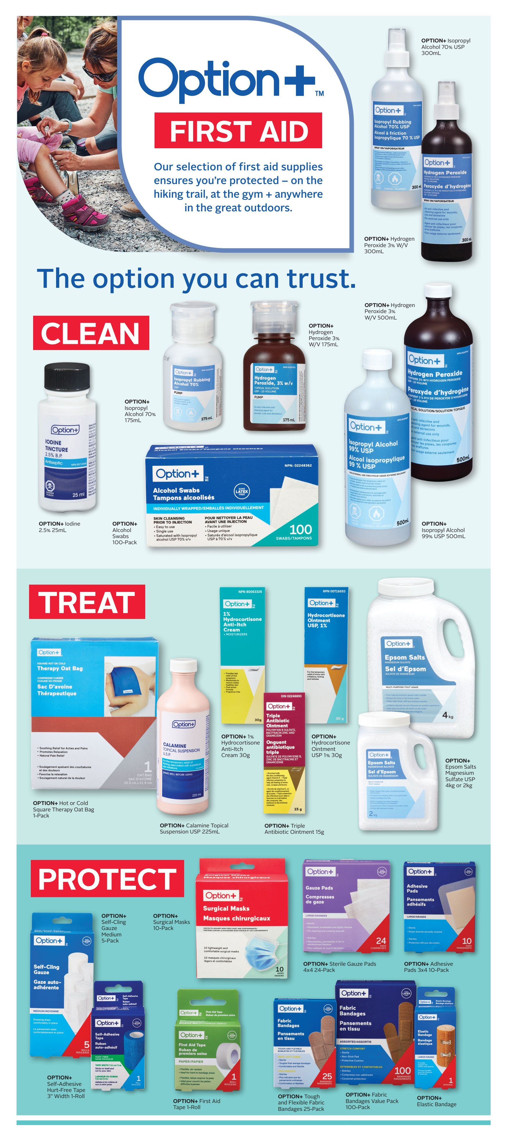 Rexall flyer page 11 featuring a wide selection of Option+ First Aid products. The page is divided into 'CLEAN', 'TREAT', and 'PROTECT' sections. Under 'CLEAN', find Option+ Isopropyl Alcohol 70% 175mL, Option+ Isopropyl Rubbing Alcohol 70% 175mL, Option+ Hydrogen Peroxide 3% W/V 175mL, Option+ Hydrogen Peroxide 3% W/V 500mL, Option+ Isopropyl Alcohol 99% USP 500mL, Option+ Iodine Tincture 2.5% 25mL, and Option+ Alcohol Swabs 100-Pack. The 'TREAT' section includes Option+ Hot or Cold Therapy Oat Bag 1-Pack, Option+ Calamine Topical Suspension USP 225mL, Option+ 1% Hydrocortisone Anti-Itch Cream 30g, Option+ Triple Antibiotic Ointment 15g, Option+ 1% Hydrocortisone Ointment USP, and Option+ Epsom Salts in 4kg and 2kg sizes. The 'PROTECT' section offers Option+ Self-Cling Gauze Medium 5-Pack, Option+ Surgical Masks 10-Pack, Option+ Sterile Gauze Pads 4x4 24-Pack, Option+ Adhesive Pads 3x4 10-Pack, Option+ Self-Adhesive Tape 3' Width 1-Roll, Option+ First Aid Tape 1-Roll, Option+ Tough and Flexible Fabric Bandages Value Pack 100-Pack, and Option+ Elastic Bandage.