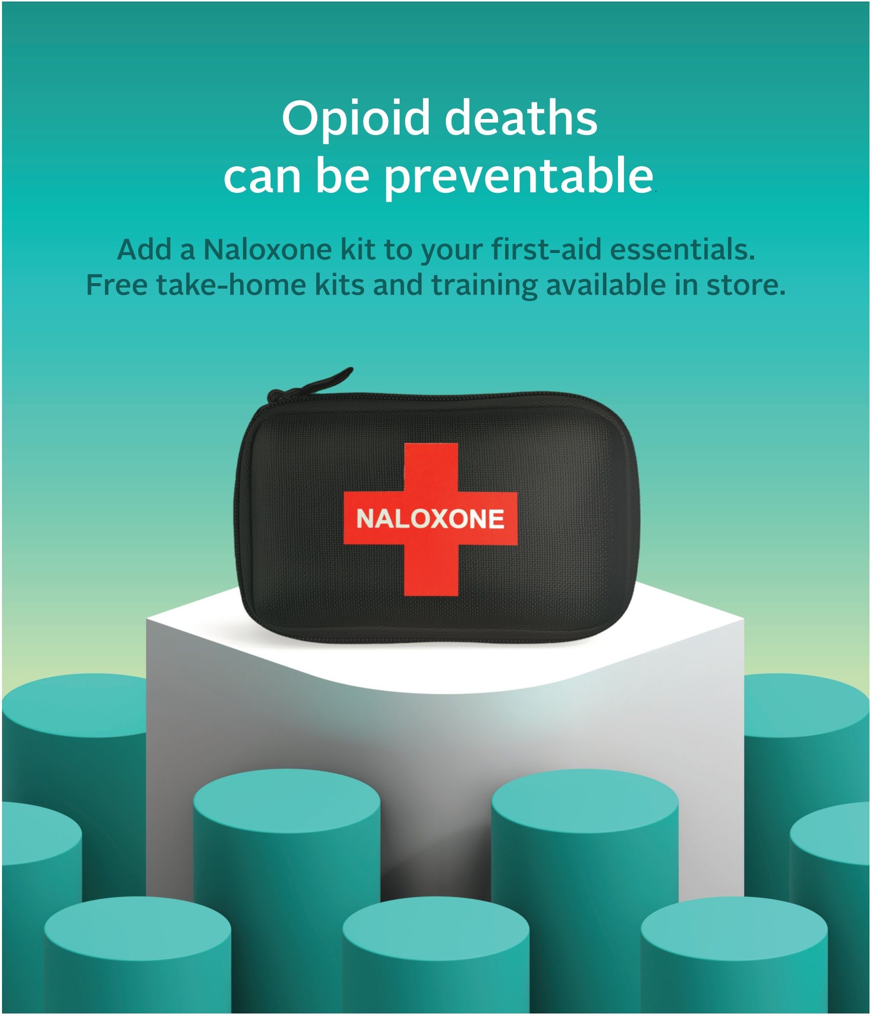 Rexall flyer page 8: Information about opioid deaths being preventable. Features a Naloxone kit with a red cross and the word NALOXONE. Offers free take-home Naloxone kits and training available in store.