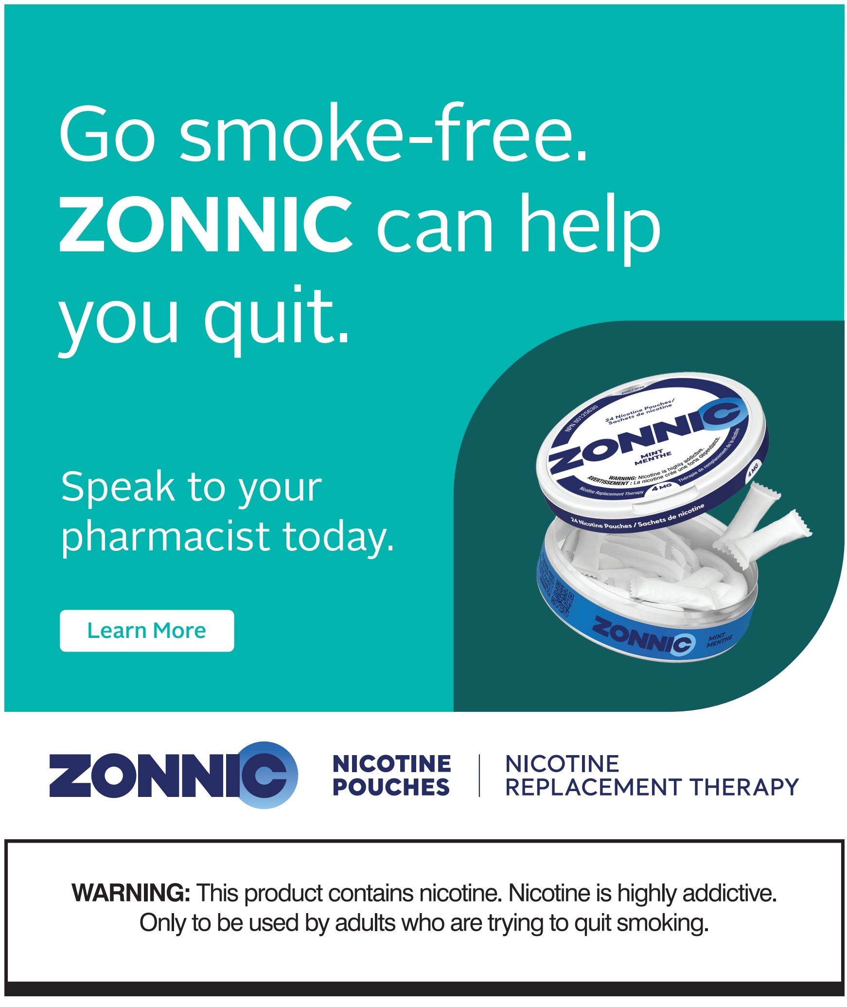 Rexall flyer page 9 features ZONNIC nicotine pouches as a tool to help you quit smoking. The page highlights 'Go smoke-free. ZONNIC can help you quit.' and encourages customers to 'Speak to your pharmacist today.' A 'Learn More' button is visible. The product shown is ZONNIC Mint Nicotine Pouches, containing 24 pouches and 4mg of nicotine. A warning states: 'This product contains nicotine. Nicotine is highly addictive. Only to be used by adults who are trying to quit smoking.