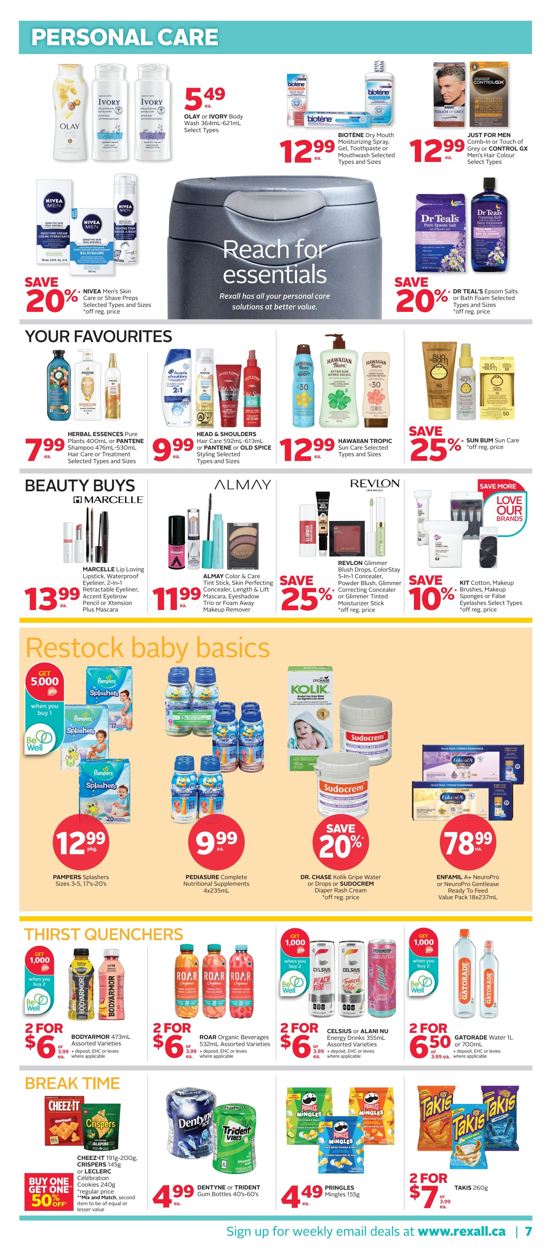 Rexall flyer page 16 featuring personal care items, beauty buys, baby basics, thirst quenchers, and break time snacks. Personal care includes Olay or Ivory Body Wash for $5.49, Biotene Dry Mouth Moisturizing Spray, Gel, Toothpaste or Mouthwash for $12.99, and Just For Men or Control GX Hair Colour for $12.99. Save 20% on Nivea Men's Skin Care or Shave Preps and Dr Teal's Epsom Salts or Bath Foam. Your favourites include Herbal Essences Pure Plants Shampoo or Pantene Shampoo for $7.99, Head & Shoulders Hair Care or Pantene or Old Spice Styling Selection for $9.99, Hawaiian Tropic Sun Care for $12.99, and Sun Bum Sun Care with 25% off. Beauty Buys feature Marcelle Lip Loving Lipstick, Eyeliner, and Mascara for $13.99, Almay Color & Care Tint Stick, Skin Perfecting Concealer, and Makeup Remover for $11.99, and Revlon Glimmer Blush Drops, Concealer, or Moisturizer Stick with 25% off. Save 10% on Kit Cotton, Makeup Brushes, Sponges or False Eyelashes. Restock baby basics with Pampers Splashers for $12.99, Pediasure Complete Nutritional Supplements for $9.99, and save 20% on Dr. Chase Kolik Gripe Water or Sudocrem Diaper Rash Cream. Thirst Quenchers include Bodyarmor for 2 for $6, Roar Organic Beverages for 2 for $6, Celsius or Alani Nu Energy Drinks for 2 for $6, and Gatorade Water for 2 for $6.50. Break Time snacks feature Cheez-It or Crispers for Buy One Get One 50% off, Dentyne or Trident Gum Bottles for $4.99, Pringles Mingles for $4.49, and Takis for 2 for $7.