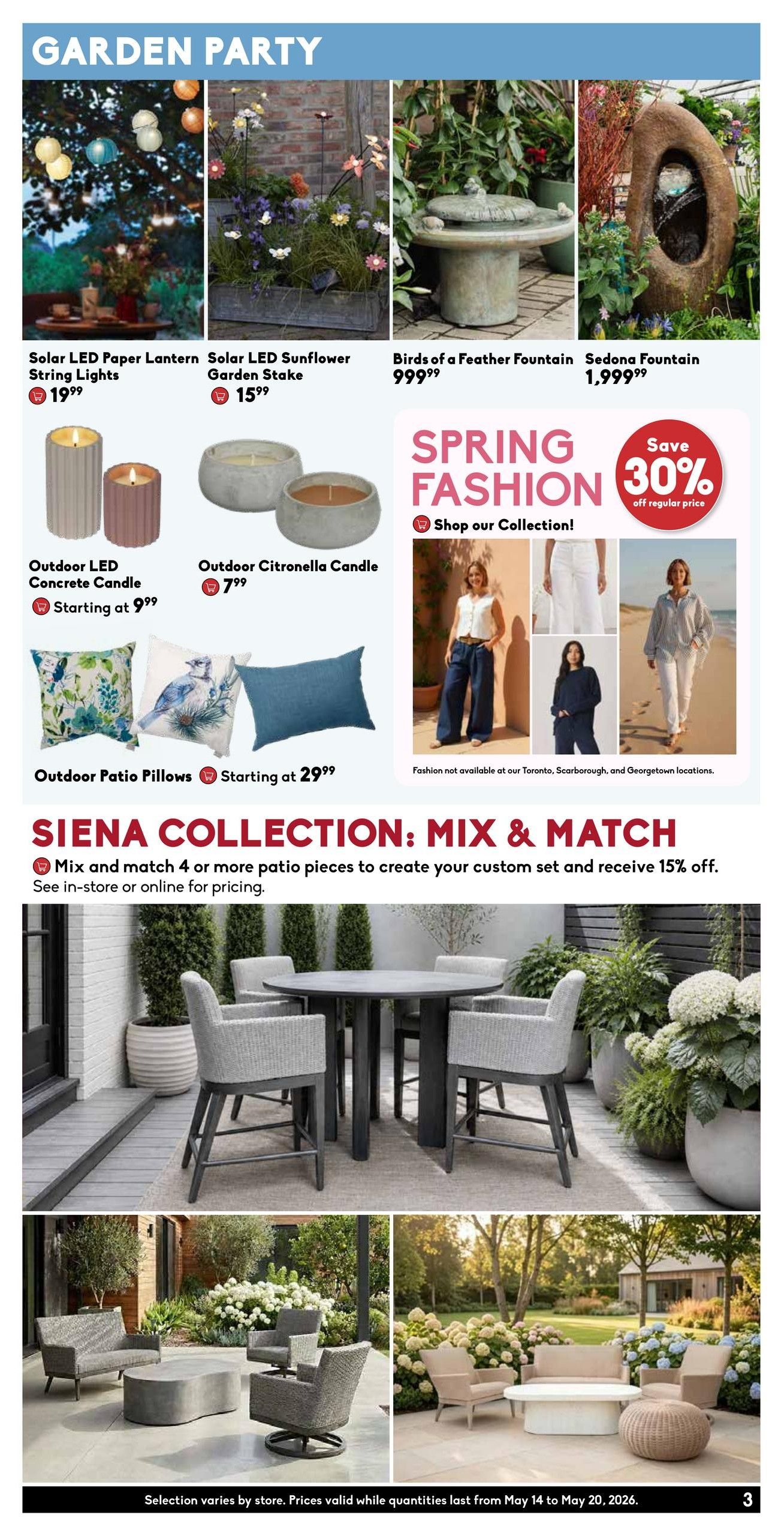 Sheridan Nurseries Weekly Flyer Specials, Page 3. Features 'Garden Party' items including Solar LED Paper Lantern String Lights for $19.99, Solar LED Sunflower Garden Stake for $15.99, Birds of a Feather Fountain for $999.99, and Sedona Fountain for $1,999.99. Also available are Outdoor LED Concrete Candles starting at $9.99 and Outdoor Citronella Candles for $7.99. Outdoor Patio Pillows are starting at $29.99. The 'Spring Fashion' section offers 30% off regular price on select items. The 'Siena Collection: Mix & Match' allows customers to mix and match 4 or more patio pieces to create a custom set and receive 15% off. See in-store or online for pricing on the Siena Collection. The flyer includes images of patio furniture sets and garden decor. Prices are valid from May 14 to May 20, 2026, while quantities last.