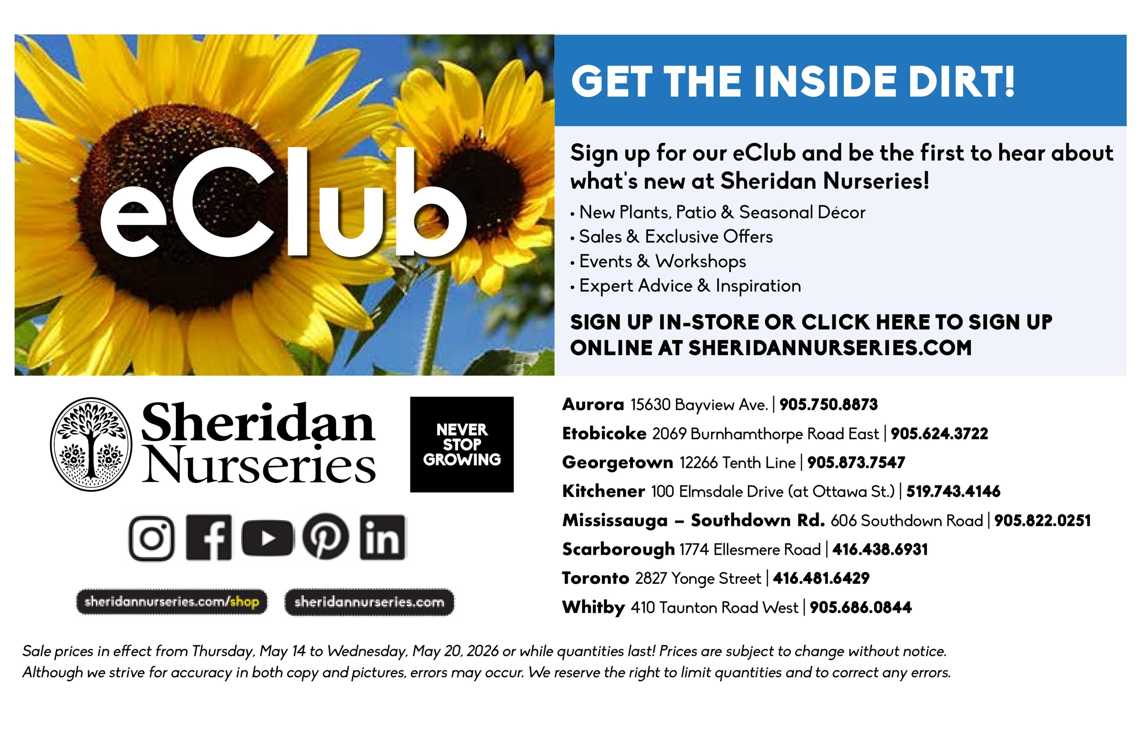 Sheridan Nurseries flyer page 5 features information on signing up for their eClub to receive updates on new plants, patio and seasonal decor, sales, exclusive offers, events, workshops, and expert advice. Customers can sign up in-store or online at sheridannurseries.com. The page also lists store locations and phone numbers for Aurora, Etobicoke, Georgetown, Kitchener, Mississauga-Southdown Rd., Scarborough, Toronto, and Whitby. Sale prices are valid from Thursday, May 14 to Wednesday, May 20, 2026, or while quantities last. Prices are subject to change without notice. Sheridan Nurseries reserves the right to limit quantities and correct errors.