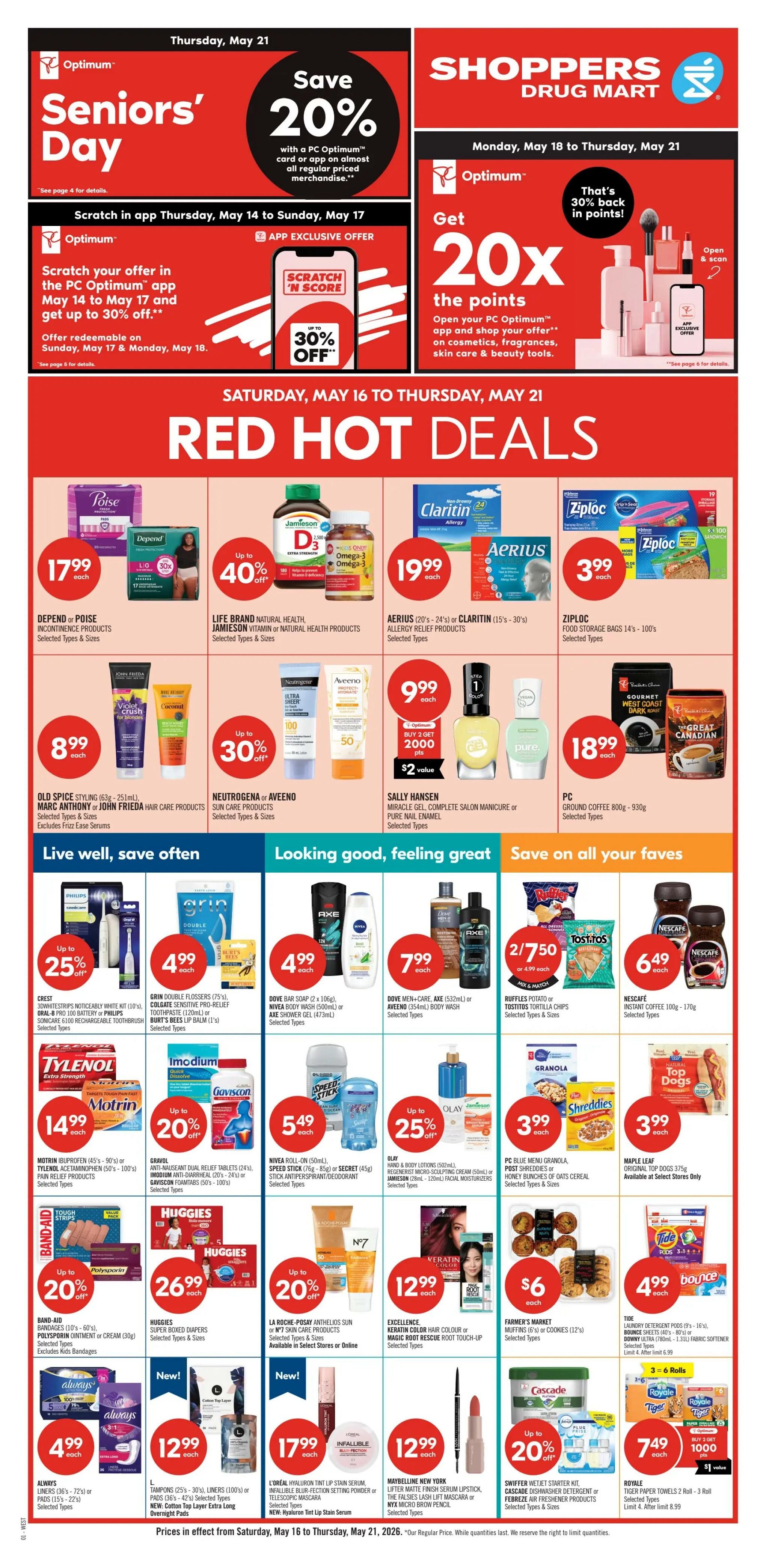 Shoppers Drug Mart flyer page 1 features a Surprise Points Event with offers for 20,000 points ($20 value) or 30,000 points ($30 value) when you spend $60 or more via the PC Optimum app. The 2-Day Sale includes Grade 'A' Large White Eggs at $3.79 each, No Name Butter (454g) at $5.49 each. Christie Cookies or Crackers and Lay's Family Size Potato Chips (220g-235g) are 2 for $4 and 2 for $7 respectively. PC Natural Spring Water (24 x 500mL) is 2 for $5. Coca-Cola Beverages (6 x 710mL) are $3.99 each. Powerade Team Pack (24 x 591mL) or Monster Energy Drink (8 x 355mL) is $14.99 each. Mondelez Summer Favourites Full-Size Snack Mix is $14.99 each. Pepsi Beverages (6 x 710mL) are 2 for $7. PC Bacon (375g) is $4.99. Breyers Creamery Style Ice Cream (1.41L-1.66L) is $5.49 each. Boost High Protein, Plus Calories or Diabetic Nutritional Supplement Shakes are $10.99 each. Wonder White or Whole Wheat Bread (570g) is $2.49 each. Kraft Peanut Butter (750g-1kg) is $5.99. Nivea Lip Balms (1'-2's) and Olay Total Effects or Nivea O10 Facial Moisturizers are up to 25% off. PC 3-Ply or No Name 2-Ply Facial Tissues (6's) are $5.99. Royale Bathroom Tissue (8-12 Rolls) is $6.99 each.