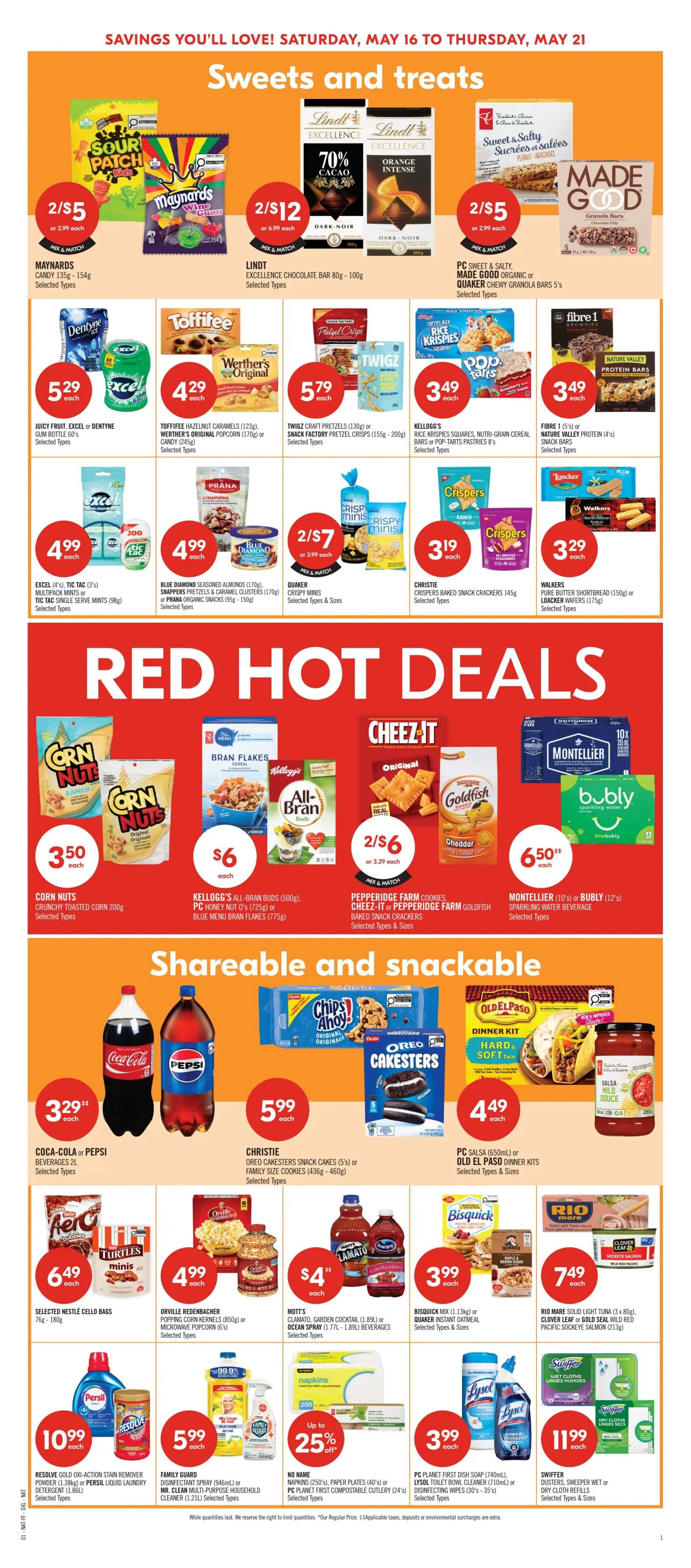 Shoppers Drug Mart weekly flyer specials page 9, featuring 'Sweets and treats' and 'Red Hot Deals'. In 'Sweets and treats', find Maynards candy 2 for $5, Lindt Excellence chocolate bars 2 for $12, PC Sweet & Salty or Made Good granola bars 2 for $5. Also featured are Dentyne or Excel gum for $5.29, Toffifee or Werther's Original candy for $4.29, Twigz craft pretzels or Snack Factory pretzel crisps for $5.79, and Kellogg's Rice Krispies squares or Pop-Tarts pastries for $3.49. Blue Diamond almonds or Prana organic snacks are $4.99, and Quaker Crispy Minis are 2 for $7. Christie Crispers baked snack crackers are $3.19, and Walkers Pure Butter Shortbread or Loacker Wafers are $3.29. In 'Red Hot Deals', Corn Nuts are $3.50, Kellogg's All-Bran Buds or PC Blue Menu Bran Flakes are $6, and Pepperidge Farm cookies, Cheez-It, or Pepperidge Farm Goldfish are 2 for $6. Montellier sparkling water or Bubly sparkling water are $6.50. The 'Shareable and snackable' section includes Coca-Cola or Pepsi beverages 2L for $3.29, Christie Oreo Cakestters snack cakes or family size cookies for $5.99, PC Salsa or Old El Paso dinner kits for $4.49. Selected Nestlé cello bags are $6.49, Orville Redenbacher popping corn kernels or microwave popcorn is $4.99, and Mott's Clamato Garden Cocktail or Clamato spray are $4. Bisquick mix or Quaker Instant Oatmeal are $3.99. Rio Mare solid light tuna or Clover Leaf/Gold Seal wild red Pacific sockeye salmon are $7.49. Resolve Gold oxi-action stain remover or Persil liquid laundry detergent are $10.99. Family Guard disinfectant spray or Mr. Clean multi-purpose household cleaner are $5.99. No Name napkins or paper plates are up to 25% off, and PC first compostable cutlery is $3.99. PC Planet First dish soap or Lysol toilet bowl cleaner are $3.99, and Swiffer dusters, sweeper wet or dry cloth refills are $11.99.