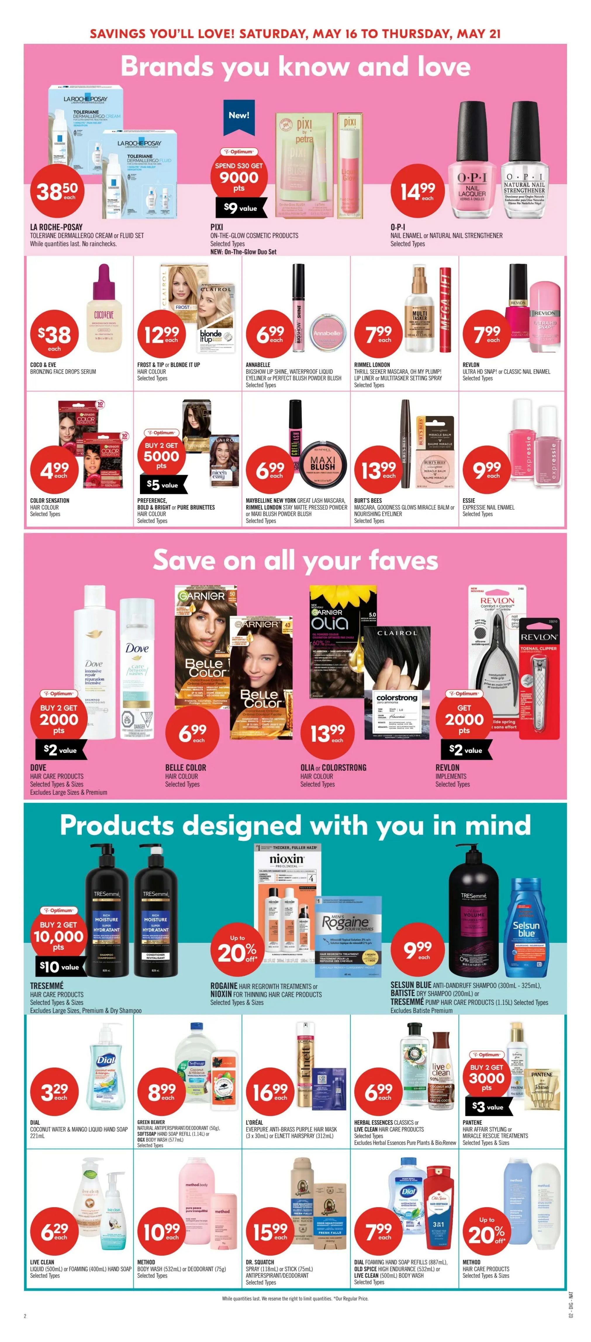 Shoppers Drug Mart flyer page 18 featuring 'Brands you know and love' and 'Save on all your faves'. Top section includes La Roche-Posay Dermallergo Cream or Fluid Set for $38.50, Pixi On-The-Glow Cosmetic Products with a Spend $30 Get 9000 Optimum Points offer, OPI Nail Enamel or Natural Nail Strengthener for $14.99. Also featured are Coco & Eve Bronzing Face Drops Serum for $38, Clairol Frost & Tip or Blonde It Up Hair Colour for $12.99, Annabelle BigShow Lip Shine, Waterproof Liquid Eyeliner or Perfect Blush Powder Blush for $6.99, Rimmel London Thrill Seeker Mascara, Oh My Plump! Lip Liner or Multitasker Setting Spray for $7.99, Color Sensation Hair Colour for $4.99, Preference, Bold & Bright or Pure Brunettes Hair Colour with Buy 2 Get 5000 Optimum Points offer, Maybelline New York Great Lash Mascara, Rimmel London Stay Matte Pressed Powder or Maxi Blush Powder Blush for $6.99, Burt's Bees Mascara, Goodness Glows Miracle Balm or Nourishing Eyeliner for $13.99, and Essie Expressie Nail Enamel for $9.99. The 'Save on all your faves' section highlights Dove Hair Care Products with Buy 2 Get 2000 Optimum Points offer, Garnier Belle Color Hair Colour for $6.99, Olia or Colorstrong Hair Colour for $13.99, and Revlon Implements including Toenail Clippers for $7.99. The 'Products designed with you in mind' section features Tresemmé Hair Care Products with Buy 2 Get 10,000 Optimum Points offer, Rogaine Hair Regrowth Treatments or Nioxin for Thinning Hair Care Products with up to 20% off, Selsun Blue Anti-Dandruff Shampoo, Batiste Dry Shampoo or Tresemmé Pump Hair Care Products for $9.99. Additional products include Dial Coconut Water & Mango Liquid Hand Soap for $3.29, Green Beaver Natural Deodorant, Softsoap Hand Soap Refill or OGX Body Wash for $8.99, L'Oréal Everpure Anti-Brass Purple Hair Mask or Elnett Hairspray for $16.99, Herbal Essences Classics or Live Clean Hair Care Products for $6.99, Pantene Hair Affair Styling or Hair Rescue Treatments with Buy 2 Get 3000 Optimum Points offer, Live Clean Liquid or Foaming Hand Soap for $6.29, Method Body Wash or Deodorant for $10.99, Dr. Squatch Spray or Stick Antiperspirant/Deodorant for $15.99, and Dial Foaming Hand Soap Refills or Live Clean Body Wash for $7.99. Method Hair Care Products are also featured with up to 20% off.