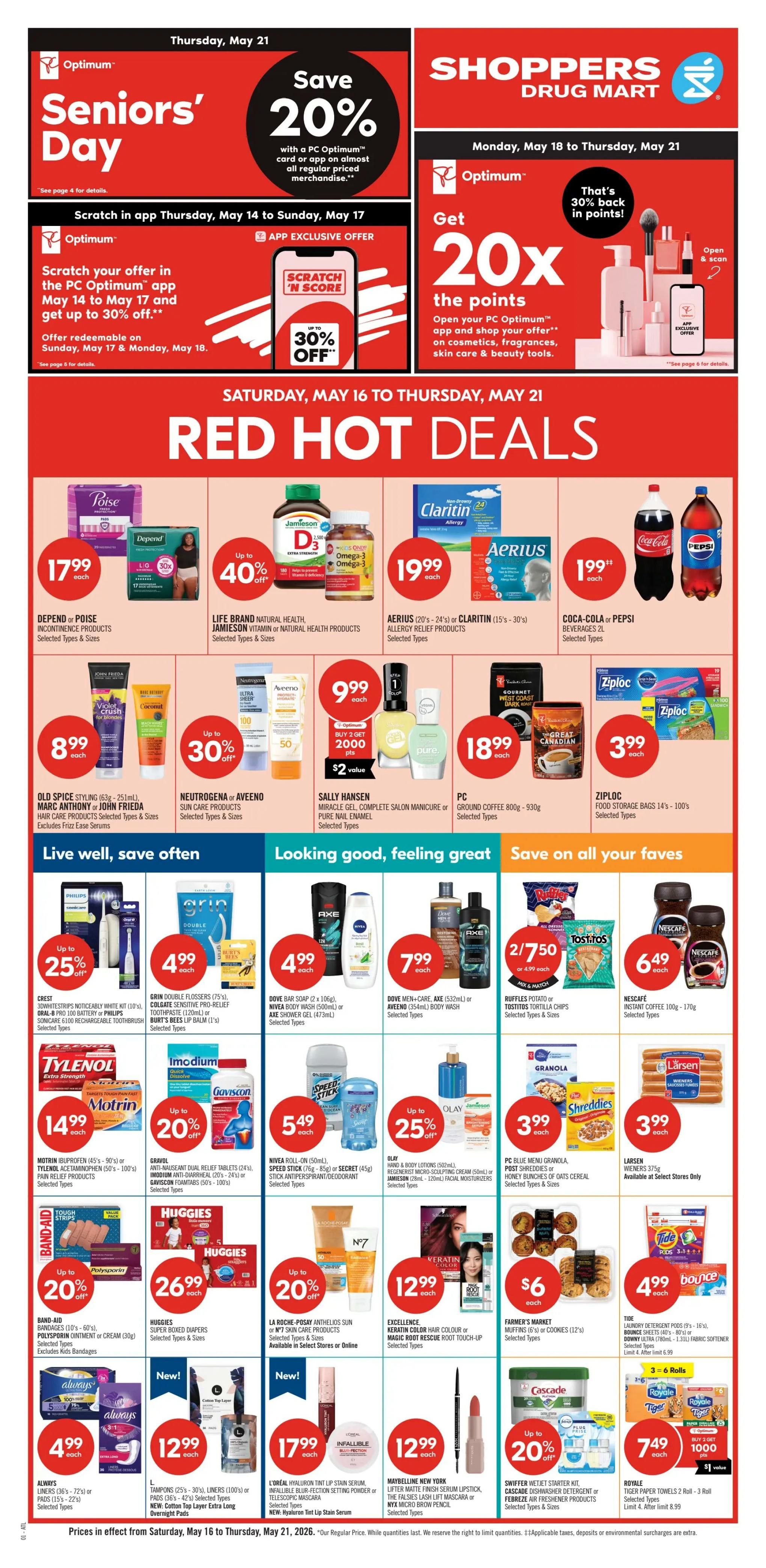 Shoppers Drug Mart flyer page 1 features a Surprise Points Event with offers for 20,000 points ($20 value) or 30,000 points ($30 value) when spending $60 or more via the PC Optimum app. The 2-Day Sale runs Saturday, May 16 and Sunday, May 17. Featured 2-Day Sale items include Grade 'A' Large White Eggs at $3.99 each, No Name Butter 454g for $5.49 each, Christie Cookies or Crackers 2 for $4, Lay's Family Size Potato Chips 220g-235g for 2 for $7, and PC Natural Spring Water 24 x 500mL for 2 for $5. Also on sale are Coca-Cola Beverages 6 x 710mL for $3.99 each, Powerade Team Pack (24 x 591mL) or Red Bull (8 x 250mL) or Monster (8 x 355mL) Energy Drink for $14.99 each, and Mondelez Summer Favourites Full-Size Snack Mix for $14.99 each. Other deals include Pepsi Beverages 6 x 710mL for 2 for $7, PC Bacon 375g for $4.99, and Breyers Creamery Style Ice Cream Tubs for $4.49 each. Boost High Protein, Plus Calories or Diabetic Nutritional Supplement Shakes 6's are $10.99 each. Wonder White or Whole Wheat Bread 570g is $2.49 each. Kraft Peanut Butter 750g - 1kg is $5.99 each. Nivea Lip Balms and Olay Total Effects or Nivea Q10 Facial Moisturizers are up to 25% off. PC 3-Ply or No Name 2-Ply Facial Tissues 6's are $4.99 each. Royale Bathroom Tissue 8 Roll - 12 Roll is $5.99 each. The page also promotes 'See More 2 Day Sale Deals'.