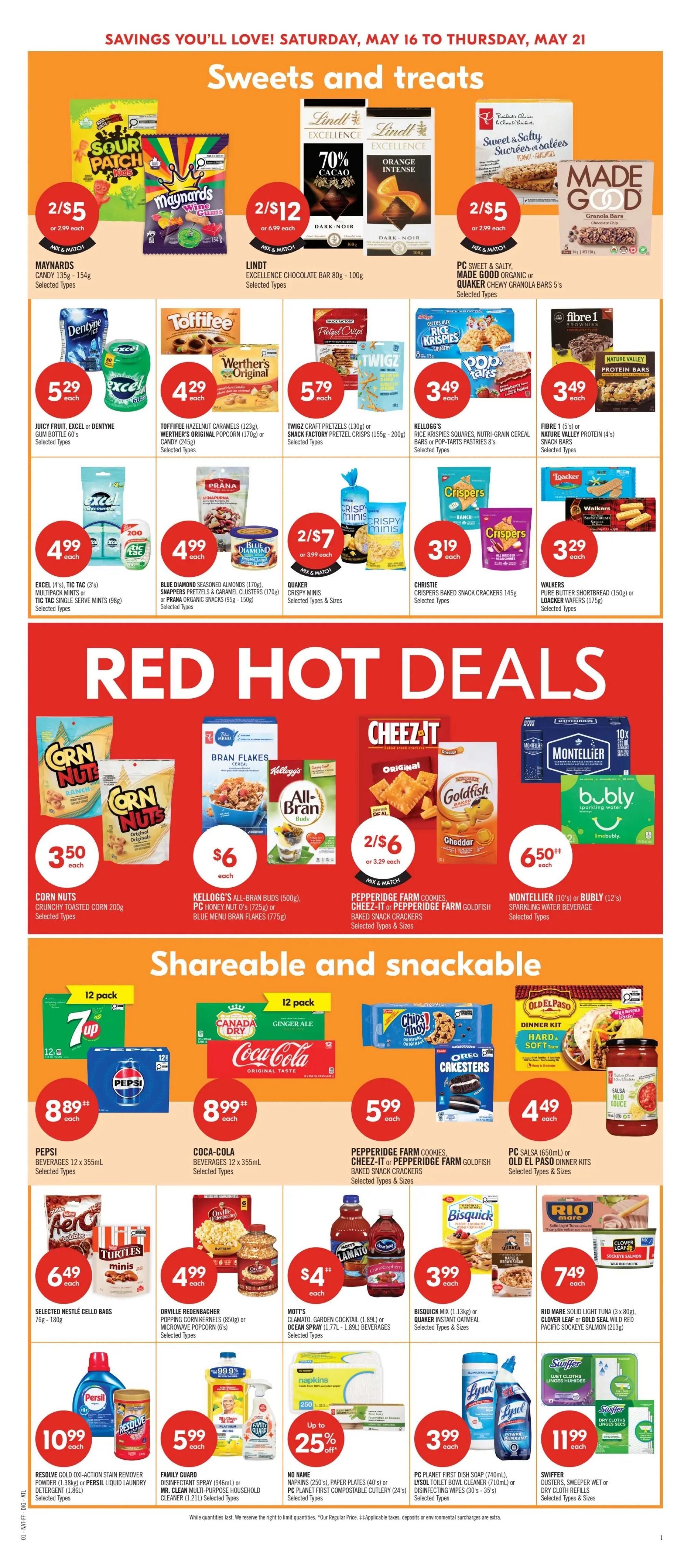 Shoppers Drug Mart Atlantic flyer, page 9 of 20, featuring 'Sweets and Treats' and 'Red Hot Deals'. Sweets and Treats include Maynards Candy 2 for $5, Lindt Excellence Chocolate Bars 2 for $12, PC Sweet & Salty or Made Good Granola Bars 2 for $5. Other sweets and treats include Dentyne Gum or Excel Gum for $5.29 each, Toffifee or Werther's Original for $4.29 each, Twigz Craft Pretzels or Snack Factory Crisps for $5.79 each, Kellogg's Rice Krispies Squares or Pop-Tarts for $3.49 each, Excel or Tic Tac single mints for $4.99 each, Blue Diamond Seasoned Almonds or Prana Organic Snacks for $4.99 each, Quaker Crispy Minis for 2 for $7, and Christie Baked Snack Crackers for $3.19 each. Red Hot Deals include Corn Nuts for $3.50 each, Kellogg's All-Bran Buds or Blue Menu Bran Flakes for $6 each, Pepperidge Farm Cookies, Cheez-It, or Goldfish Baked Snack Crackers for 2 for $6, Montellier Sparkling Water or Bubly Sparkling Water for $6.50 each. Shareable and Snackable items include Pepsi Beverages 12 x 355mL for $8.89 each, Coca-Cola Beverages 12 x 355mL for $8.89 each, Pepperidge Farm Cookies, Cheez-It, or Goldfish Baked Snack Crackers for $5.99 each, PC Salsa or Old El Paso Dinner Kits for $4.49 each. Other snacks include Selected Nestlé Cello Bags for $6.49 each, Orville Redenbacher Popping Corn Kernels or Microwave Popcorn for $4.99 each, Mott's Clamato Cocktail or Clamato Caesar Spray for $4 each, Bisquick Mix or Quaker Instant Oatmeal for $3.99 each, Rio Mare Solid Light Tuna or Clover Leaf Wild Red Salmon for $7.49 each. Household items include Resolve Gold Oxi-Action Stain Remover or Persil Liquid Laundry Detergent for $10.99 each, Family Guard Disinfectant Spray or Mr. Clean Multi-Purpose Household Cleaner for $5.99 each, No Name Paper Plates or Compostable Cutlery starting at 25% off, PC Planet First Dish Soap or Lysol Toilet Bowl Cleaner for $3.99 each, and Swiffer Dusters, Sweeper Wet or Dry Cloth Refills for $11.99 each.