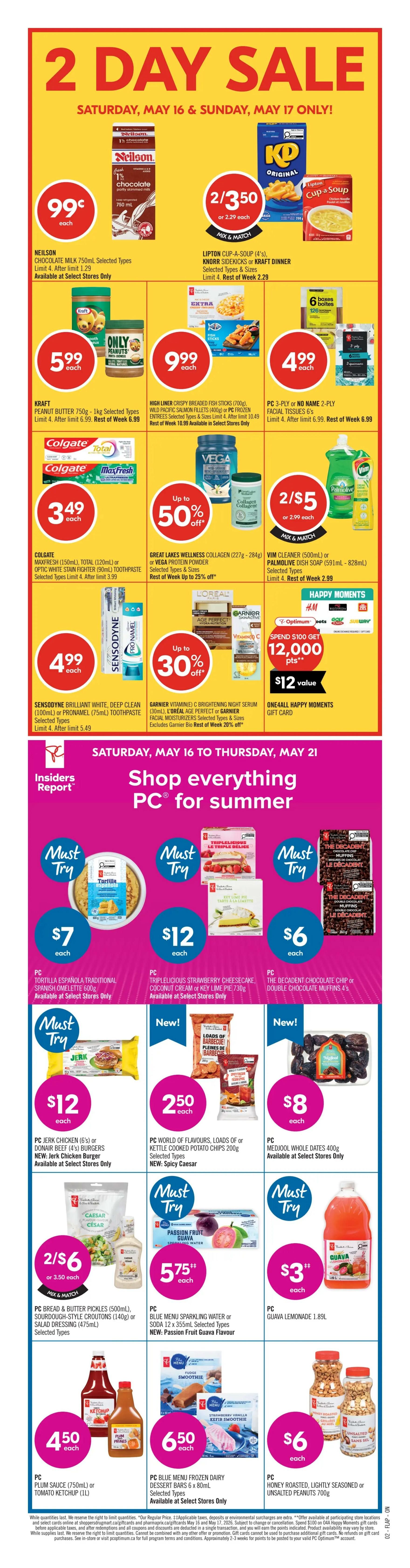 Shoppers Drug Mart flyer page 3, valid May 16 to May 21, featuring great deals on everyday essentials. Offers include: Buy 2 Get 15,000 Optimum points (a $15 value) on StriVectin skin care products; Buy 2 Get 3,000 Optimum points (a $3 value) on Byoma skin care products. Also featured are Fructis or Not Your Mother's hair care products for $7.99 each, and Old Spice shampoo, L'Oréal hair expertise, or Head & Shoulders hair care products for $5.99 each. Nice 'n Easy hair colour or root touch-up products are $7.99 each. Buy 2 Get 3,000 Optimum points on Quo Beauty sunglasses. Up to 20% off Mosquito Shield or Pactive personal insect repellent. Everyday essentials like a chair, wagon, or cooler bag are also on sale with up to 20% off. While quantities last. We reserve the right to limit quantities. Our regular price.