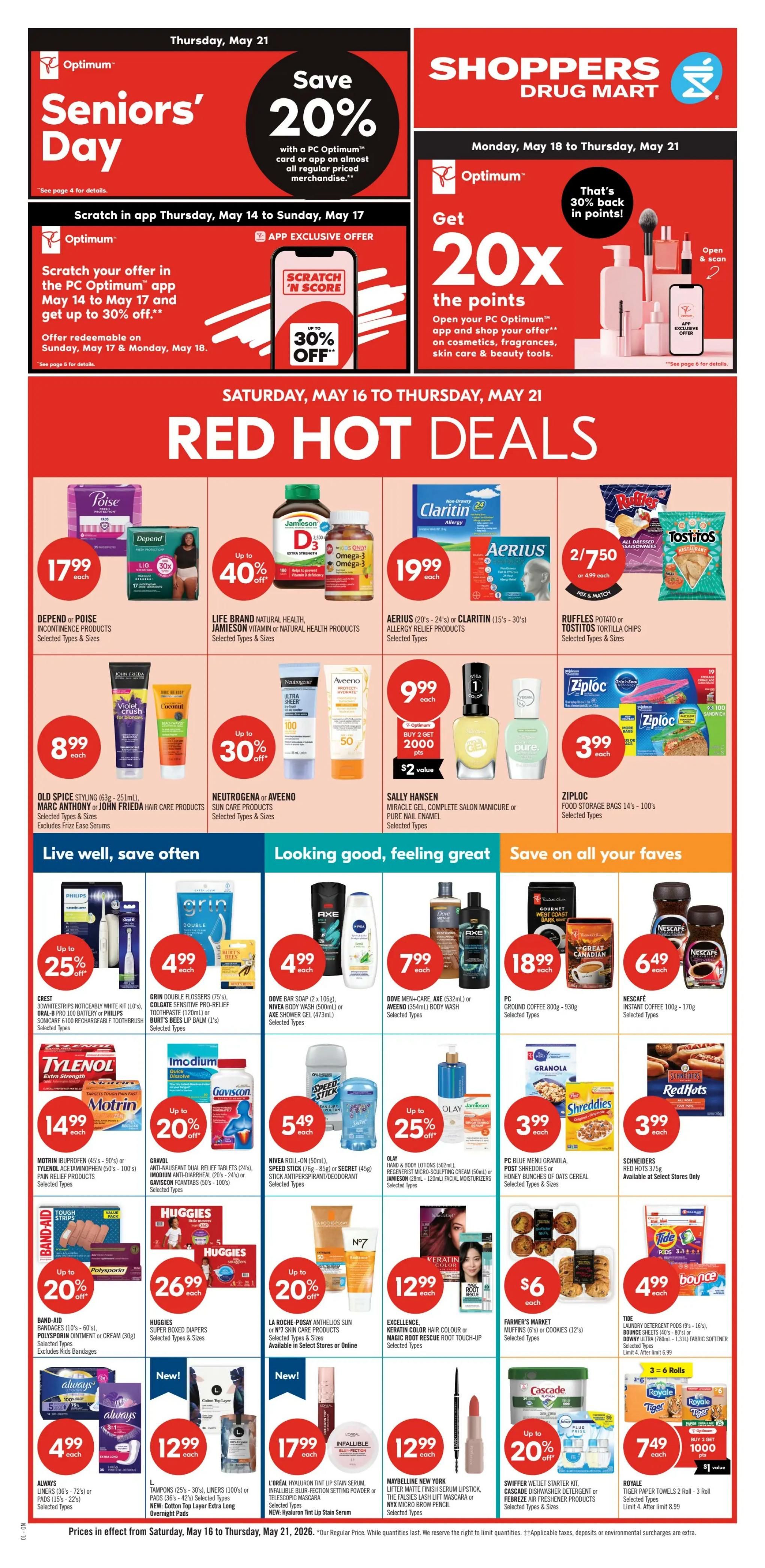 Shoppers Drug Mart flyer page 1 features a Surprise Points Event on Friday, May 15 & Saturday, May 16, offering 20,000 PC Optimum points (a $20 value) or 30,000 points (a $30 value) when spending $60 or more via the PC Optimum app. The 2-Day Sale runs Saturday, May 16 & Sunday, May 17. Featured 2-Day Sale items include Grade 'A' Large White Eggs 1 dozen for $3.49 each, No Name Butter 454g for $4.99 each. Family Size Lay's Potato Chips 220g-235g are 2 for $7, and PC Natural Spring Water 24 x 500mL is 2 for $5. Christie Cookies or Crackers are included in a Mix & Match offer with Lay's chips. Coca-Cola beverages 6 x 710mL are $3.99 each. Pepsi beverages 6 x 710mL are 2 for $7. Mondelelez Summer Favourites Full-Size Snack Mix is $14.99. Coca-Cola beverages 18 x 355mL are $9.49 each. Pepsi beverages 18 x 355mL are $9.99 each. Breyers Creamery Style Ice Cream 1.41L-1.66L is $4.49 each. Powerade Team Pack (24 x 591mL), Red Bull or Monster (8 x 355mL) Energy Drink Selected Types are $14.99. Wonder White or Whole Wheat Bread 675g is $2.49 each. PC Bacon 375g is $4.99 each. Nivea Lip Balms (1'-2's) and Olay Total Effects or Nivea Q10 Facial Moisturizers are up to 25% off. Boost High Protein, Plus Calories or Diabetic Nutritional Supplement Shakes 6's are $10.99 each. Royale Bathroom Tissue 8 Roll - 12 Roll is $5.99 each. More 2-Day Sale deals are available.