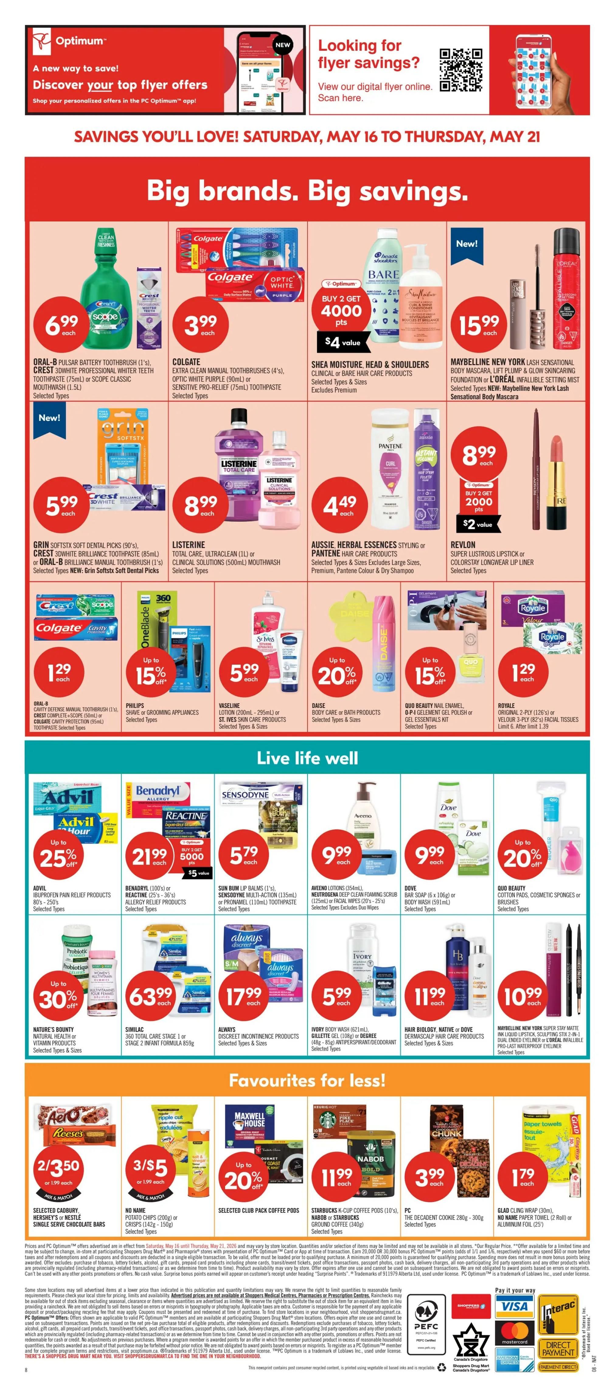 Shoppers Drug Mart flyer page 20 featuring 'Big brands. Big savings.' and 'Live life well' sections. Offers include Oral-B Pulsar battery toothbrush for $6.99, Colgate manual toothbrushes for $3.99, and Shea Moisture hair care products with a buy 2 get 4000 Optimum points offer. Maybelline New York Lash Sensational mascara is $15.99. Listerine Total Care or Clinical Solutions mouthwash is $8.99. Pantene hair care products are $4.49. Revlon Super Lustrous lipstick or ColorStay longwear lip liner is $8.99. Grin Softstix soft dental picks are $5.99. Colgate Cavity Defense manual toothbrush, Crest 3Dwhite professional whiter teeth toothpaste, or Scope classic mouthwash are $1.29. Philips shave or grooming appliances are up to 15% off. Vaseline lotion or St. Ives skin care products are $5.99. Daise body care or bath products are up to 20% off. Quo Beauty nail enamel or gel polish is up to 15% off. Royale 2-ply facial tissues are $1.29. Advil Ibuprofen pain relief products are up to 25% off. Benadryl or Reactine allergy relief products are $21.99 with 5000 Optimum points. Sensodyne multi-action toothpaste or Pronamel toothpaste is $5.79. Aveeno lotions are $9.99. Dove body wash or bar soap is $9.99. Quo Beauty cotton pads or cosmetic sponges are up to 20% off. Nature's Bounty natural health or vitamin products are up to 30% off. Similac total care stage 1 or stage 2 infant formula is $63.99. Always discreet incontinence products are $17.99. Gillette body wash or Degree antiperspirant/deodorant is $5.99. Hair Biology, Native or Dove dermascalp hair care products are $11.99. Maybelline New York Super Stay Matte Ink liquid lipstick, sculpting stick, or Infallible dual-ended eyeliner are $10.99. The 'Favourites for less!' section includes Select Cadbury, Hershey's or Nestlé chocolate bars for 2/$3.50 or $1.99 each. No Name potato chips are 3/$5. Selected club pack coffee pods are up to 20% off. Nabob or Starbucks ground coffee is $11.99. The Decadent cookie is $3.99. Glad cling wrap is $1.79. The flyer is valid from Saturday, May 16 to Thursday, May 21.
