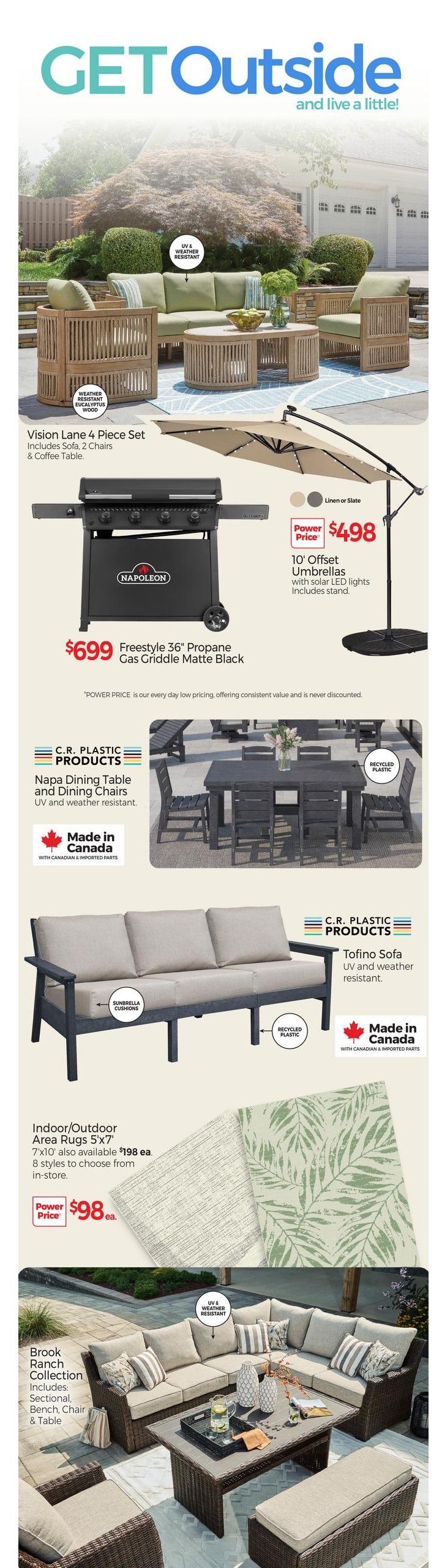 Tepperman's Weekly Flyer Specials Page 2: Features outdoor living and patio furniture. Includes the Vision Lane 4 Piece Set with sofa, 2 chairs, and coffee table, made with weather-resistant eucalyptus wood. Also featured is the Napoleon Freestyle 36' Propane Gas Griddle Matte Black for $699. Outdoor umbrellas are available for $498, featuring solar lights and including a stand. The C.R. Plastic Products Napa Dining Table and Dining Chairs set, made in Canada with Canadian & imported parts, is shown. The Tofino Sofa, also from C.R. Plastic Products and made with recycled plastic, is displayed. Indoor/Outdoor Area Rugs in 5'x7' are priced at $98 each, with 7'x10' available for $198 each and 8 styles to choose from. The Brook Ranch Collection, including a sectional, bench, chair, and table, is also showcased.