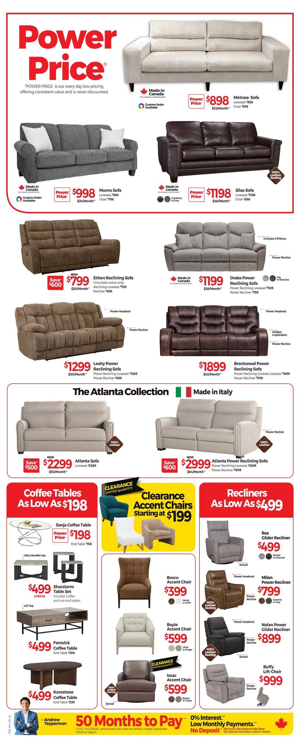 Tepperman's Weekly Flyer Specials Page 3 features 'Power Price' deals on sofas and recliners. Featured sofas include the Melrose Sofa for $898, Munro Sofa for $998, and Silas Sofa for $1198. The Atlanta Collection includes the Atlanta Sofa for $2299 (save $500) and the Atlanta Power Reclining Sofa for $2999 (save $600). Power reclining sofas on sale are the Ethen Reclining Sofa for $799 (save $600), Leahy Power Reclining Sofa for $1299, Drake Power Reclining Sofa for $1199, and Brentwood Power Reclining Sofa for $1899. Coffee tables start at $198, with the Sanja Coffee Table priced at $198, Sharstorm Table Set (3 pieces) for $499, Fenwick Coffee Table for $499, and Korestone Coffee Table for $499. Clearance Accent Chairs start at $199, including the Bosco Accent Chair for $399, Boyle Accent Chair for $599, and Issac Accent Chair for $599. Recliners start at $499, featuring the Rex Glider Recliner for $499, Milan Power Recliner for $799, Nolan Power Glider Recliner for $899, and Buffy Lift-Chair for $999. The flyer also highlights '50 Months to Pay' with 0% interest and no deposit options.