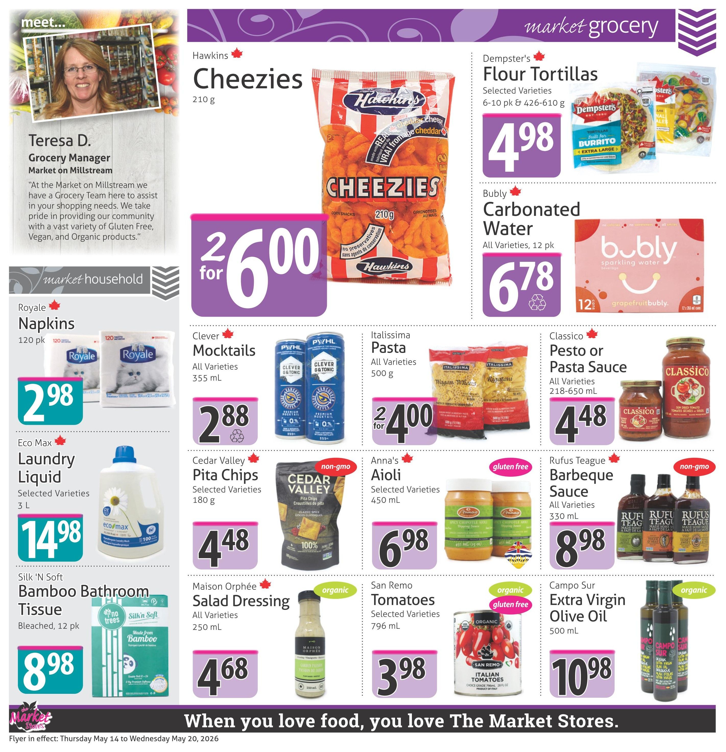 The Market Stores weekly flyer specials page 4 features a 'meet the manager' section with Teresa D., Grocery Manager at Market on Millstream. Grocery items on sale include Hawkins Cheezies for 2 for $6.00, Dempster's Flour Tortillas for $4.98, and Bubly Carbonated Water 12 pk for $6.78. Household items include Royale Napkins 120 pk for $2.98, Eco Max Laundry Liquid 3 L for $14.98, and Silk 'N Soft Bamboo Bathroom Tissue 12 pk for $8.98. Other grocery deals are Clever Mocktails for $2.88, Cedar Valley Pita Chips 180 g for $4.48, Italissima Pasta 500 g for 2 for $4.00, Anna's Aioli 450 mL for $6.98, Maison Orphée Salad Dressing 250 mL for $4.68, San Remo Tomatoes 796 mL for $3.98, Rufus Teague Barbeque Sauce 330 mL for $8.98, and Campo Sur Extra Virgin Olive Oil 500 mL for $10.98.