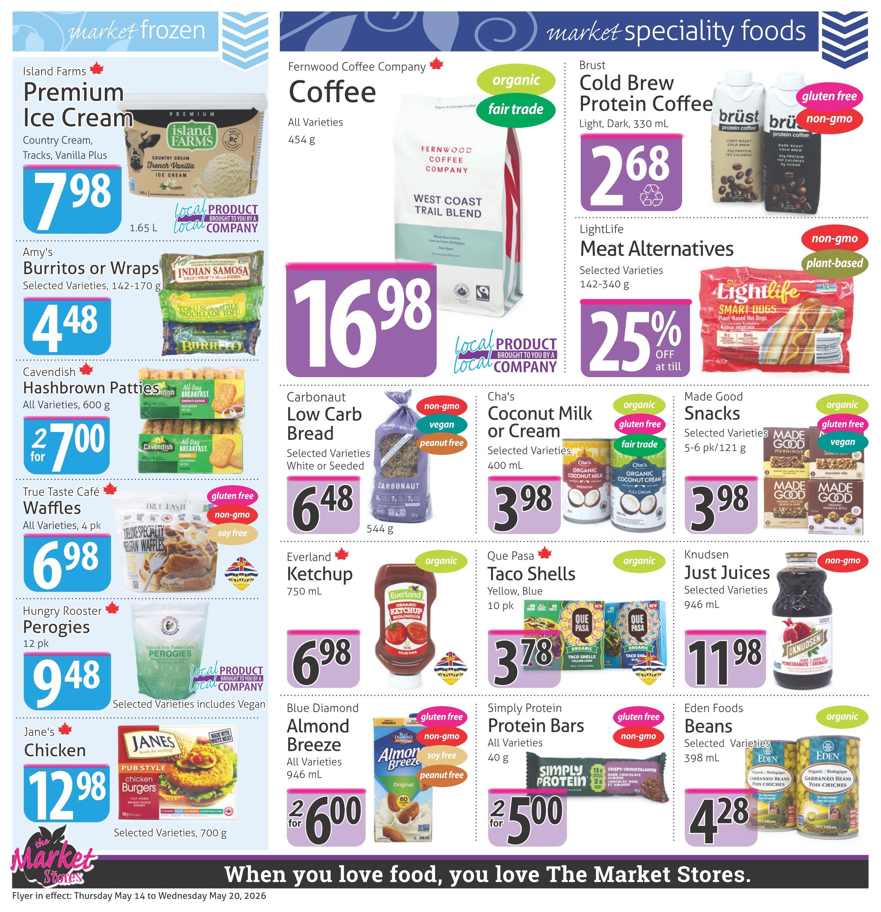 The Market Stores weekly flyer specials, page 6. Featured frozen and specialty food items include Island Farms Premium Ice Cream in Country Cream, Tracks, and Vanilla Plus varieties for $7.98 per 1.65 L. Amy's Burritos or Wraps are $4.48 for selected varieties (142-170 g). Cavendish Hashbrown Patties are $2.70 for all varieties (600 g). True Taste Café Waffles (all varieties, 4 pk) are $6.98. Hungry Rooster Perogies (12 pk) are $9.48, including vegan options. Jane's Chicken Pub Style Burgers (selected varieties, 700 g) are $12.98. Fernwood Coffee Company West Coast Trail Blend coffee is $16.98 for all varieties (454 g). Brust Cold Brew Protein Coffee (Light, Dark, 330 mL) is $2.68. LightLife Meat Alternatives (selected varieties, 142-340 g) are 25% off. Carbonaut Low Carb Bread (selected varieties, White or Seeded, 544 g) is $6.48. Cha's Coconut Milk or Cream (selected varieties, 400 mL) is $3.98. Made Good Snacks (selected varieties, 5-6 pk/121 g) are $3.98. Everland Organic Ketchup (750 mL) is $6.98. Que Pasa Organic Taco Shells (Yellow, Blue, 10 pk) are $3.78. Knudsen Just Juices (selected varieties, 946 mL) are $11.98. Blue Diamond Almond Breeze (all varieties, 946 mL) is 2 for $6.00. Simply Protein Protein Bars (all varieties, 40 g) are 2 for $5.00. Eden Foods Organic Garbanzo Beans (selected varieties, 398 mL) are $4.28. The flyer is in effect from Thursday, May 14 to Wednesday, May 20, 2026.
