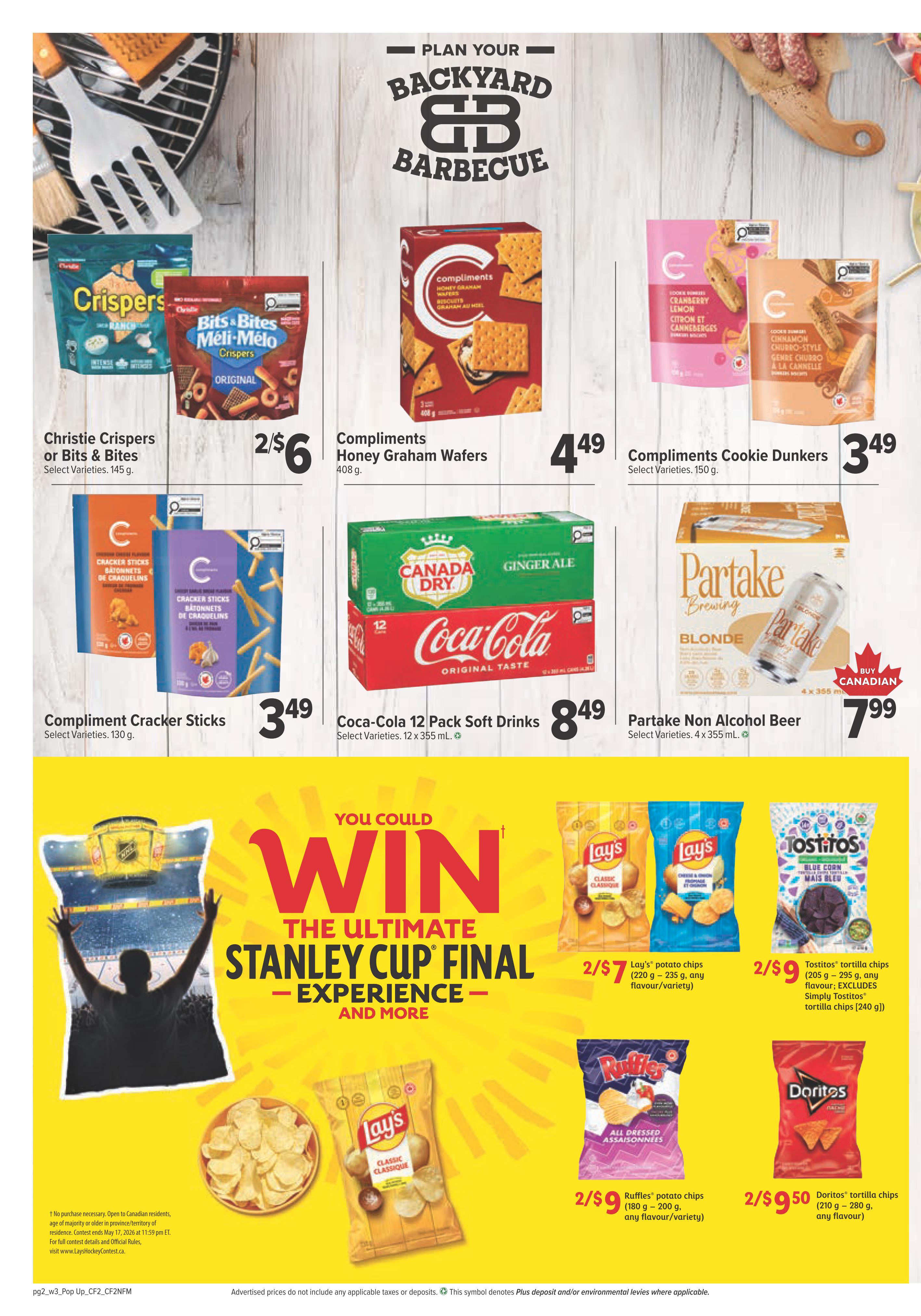 Bidgood's weekly flyer specials page 6 features Christie Crispers or Bits & Bites for 2 for $6, Compliments Honey Graham Wafers for $4.49, and Compliments Cookie Dunkers for $3.49. Also available are Compliment Cracker Sticks for $3.49 and Coca-Cola 12 Pack Soft Drinks for $8.49. Partake Non-Alcohol Beer (4 x 355 mL) is on sale for $7.99. The page also advertises a contest to win the Ultimate Stanley Cup Final Experience. Snack deals include Lay's potato chips (220 g - 235 g) for 2 for $7, Tostitos tortilla chips (205 g - 295 g) for 2 for $9, Ruffles potato chips (180 g - 200 g) for 2 for $9, and Doritos tortilla chips (210 g - 280 g) for 2 for $9.50.