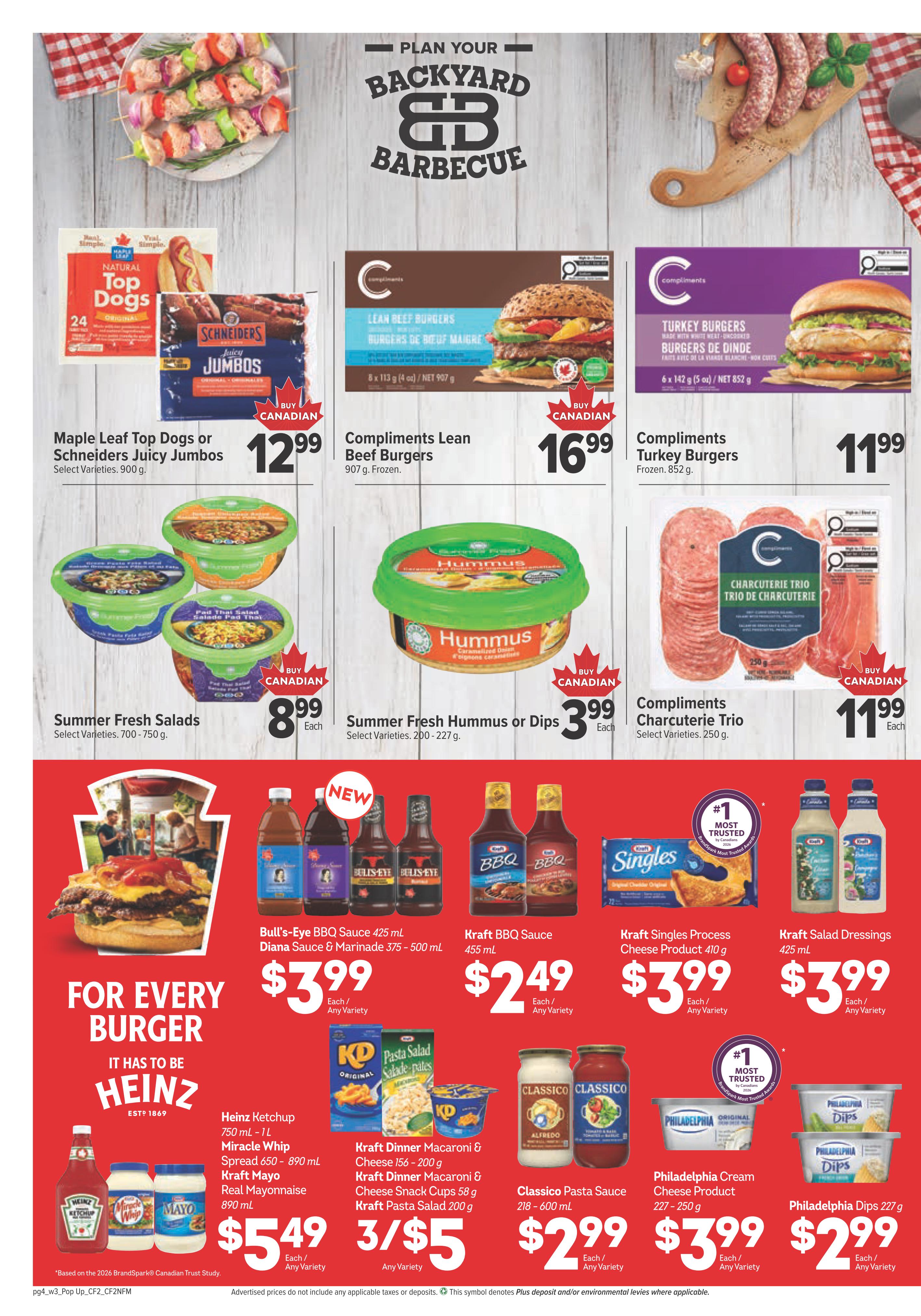Bidgood's weekly flyer specials page 8 features a variety of barbecue and burger essentials. Top deals include Maple Leaf Top Dogs or Schneiders Juicy Jumbos for $12.99, Compliments Lean Beef Burgers for $16.99, and Compliments Turkey Burgers for $11.99. Also featured are Summer Fresh Salads for $8.99 each and Summer Fresh Hummus or Dips for $3.99 each. The 'For Every Burger, It Has to Be Heinz' section highlights Heinz Ketchup, Miracle Whip Spread, and Kraft Mayo for $5.49. Other promotions include Bull's-Eye BBQ Sauce for $3.99, Kraft BBQ Sauce for $2.49, Kraft Singles Process Cheese Product for $3.99, and Kraft Salad Dressings for $3.99. Additionally, find Kraft Dinner Macaroni & Cheese or Kraft Pasta Salad for 3 for $5, Classico Pasta Sauce for $2.99, Philadelphia Cream Cheese Product for $3.99, and Philadelphia Dips for $2.99.