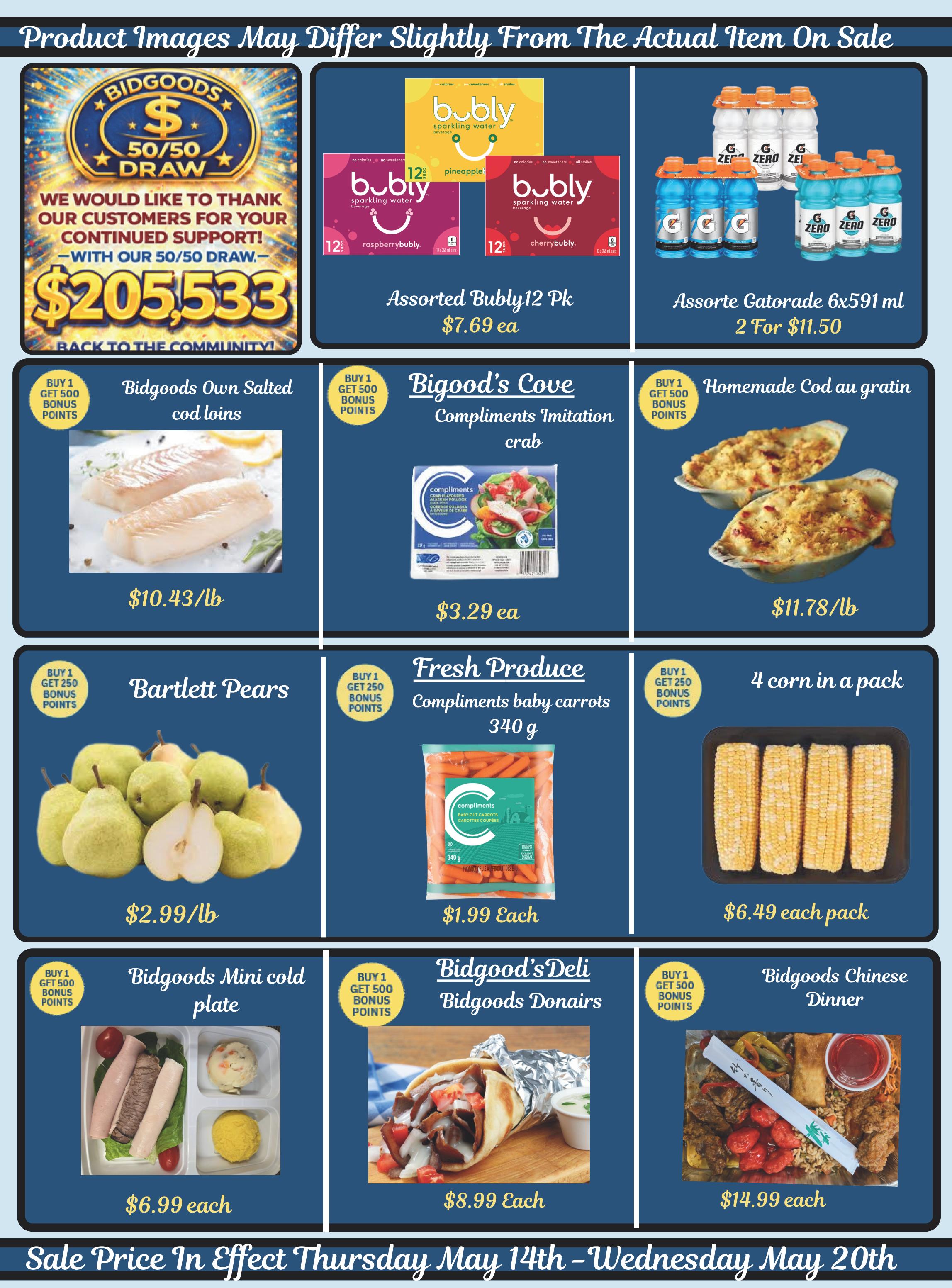Bidgood's weekly flyer specials page 10 features a '50/50 Draw' announcement for $205,533. Product specials include Assorted Bubly 12-pack sparkling water for $7.69 each, and Assorted Gatorade 6x591 ml for 2 for $11.50. Fresh food items include Bidgood's Own Salted cod loins for $10.43/lb, Bigwood's Cove Compliments Imitation crab for $3.29 each, and Homemade Cod au gratin for $11.78/lb. Fresh produce includes Bartlett Pears for $2.99/lb and Compliments baby carrots 340g for $1.99 each. Also available are 4 ears of corn in a pack for $6.49 each pack. Deli items include Bidgood's Mini cold plate for $6.99 each and Bidgood's Deli Bidgood's Donairs for $8.99 each. Finally, Bidgood's Chinese Dinner is available for $14.99 each. Sale prices are effective Thursday May 14th to Wednesday May 20th.