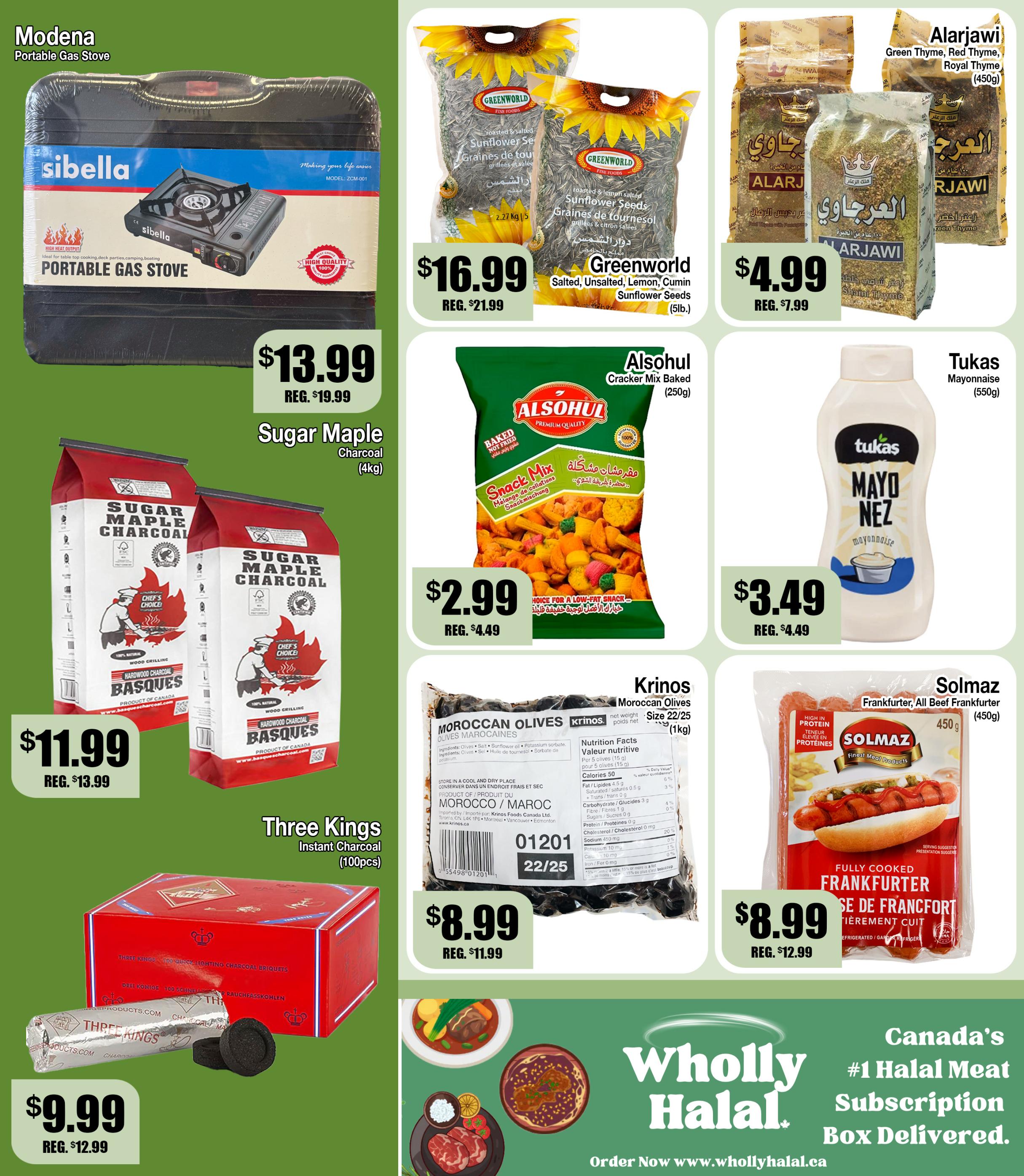 Ammar's Weekly Flyer Specials page 4 features a variety of food and cooking items. On the left, a Modena Portable Gas Stove is priced at $13.99, down from $19.99. Below it, two bags of Sugar Maple Hardwood Charcoal (4kg) are on sale for $11.99, reduced from $13.99. A box of Three Kings Instant Charcoal (100pcs) is available for $9.99, originally $12.99. In the center, Greenworld Salted, Unsalted, Lemon, Cumin Sunflower Seeds (5lb.) are $16.99, a discount from $21.99. Alsohul Cracker Mix Baked (250g) is on special for $2.99, down from $4.49. Krinos Moroccan Olives (1kg) are priced at $8.99, with a regular price of $11.99. On the right, Alarjawi Green Thyme, Red Thyme, Royal Thyme (450g) is $4.99, down from $7.99. Tukas Mayo Nez Mayonnaise (550g) is $3.49, reduced from $4.49. Solmaz Frankfurter, All Beef Frankfurter (450g) is on sale for $8.99, from $12.99. The bottom right corner advertises Canada's #1 Halal Meat Subscription Box Delivered from Wholly Halal.