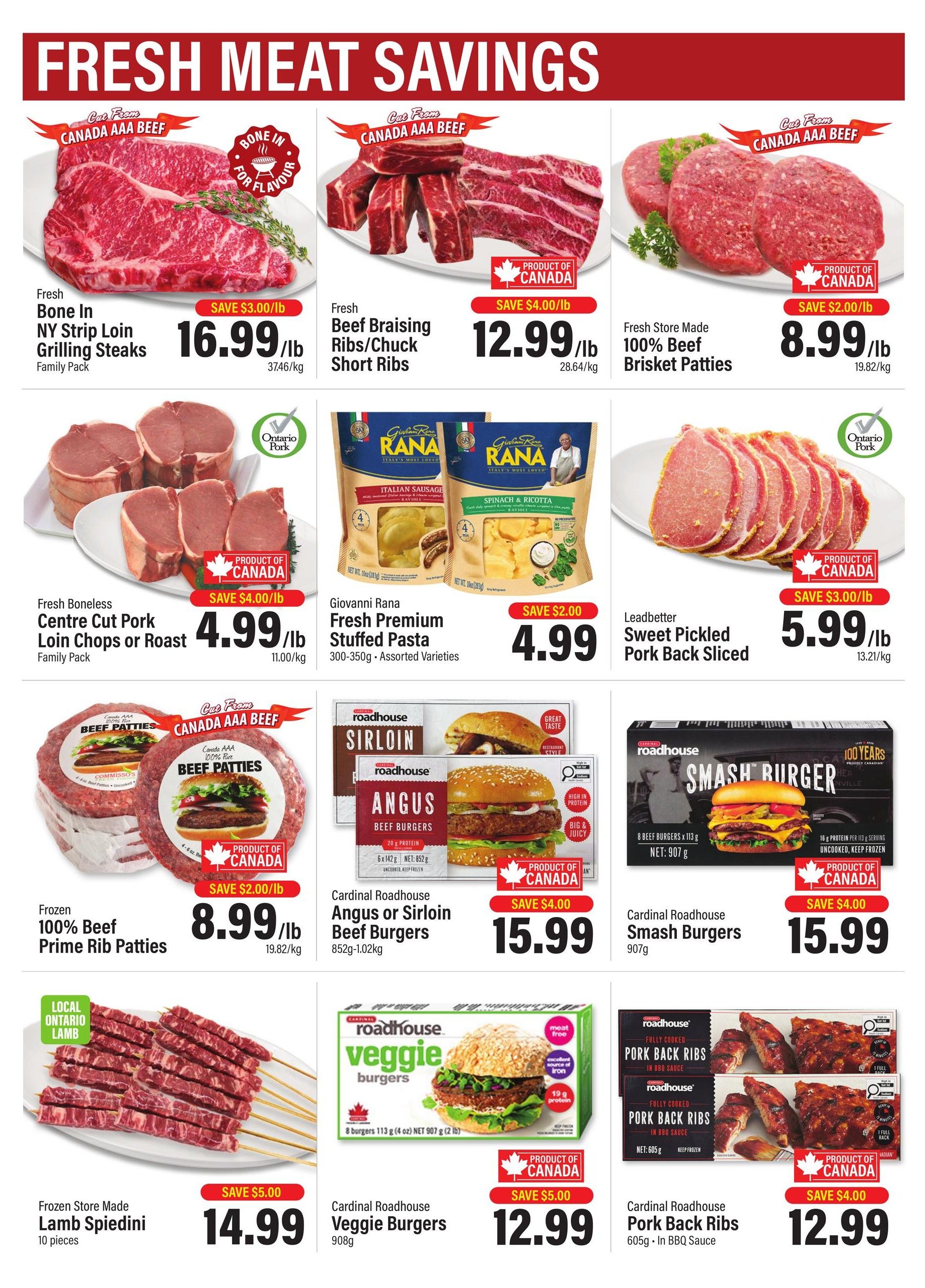 Commisso's Fresh Foods weekly flyer specials page 2 features fresh meat savings. Top row includes Fresh Bone In NY Strip Loin Grilling Steaks at $16.99/lb (Save $3.00/lb), Fresh Beef Braising Ribs/Chuck Short Ribs at $12.99/lb (Save $4.00/lb), and Fresh Store Made 100% Beef Brisket Patties at $8.99/lb (Save $2.00/lb). Middle row showcases Fresh Boneless Centre Cut Pork Loin Chops or Roast at $4.99/lb (Save $4.00/lb), Giovanni Rana Fresh Premium Stuffed Pasta (Assorted Varieties) for $4.99 (Save $2.00), and Leadbetter Sweet Pickled Pork Back Sliced at $5.99/lb (Save $3.00/lb). Bottom row features Frozen 100% Beef Prime Rib Patties at $8.99/lb (Save $2.00/lb), Cardinal Roadhouse Angus or Sirloin Beef Burgers (852g-1.02kg) for $15.99 (Save $4.00), Cardinal Roadhouse Smash Burgers (907g) for $15.99 (Save $4.00), Frozen Store Made Lamb Spiedini (10 pieces) for $14.99 (Save $5.00), Cardinal Roadhouse Veggie Burgers (908g) for $12.99 (Save $5.00), and Cardinal Roadhouse Pork Back Ribs (605g - In BBQ Sauce) for $12.99 (Save $4.00).