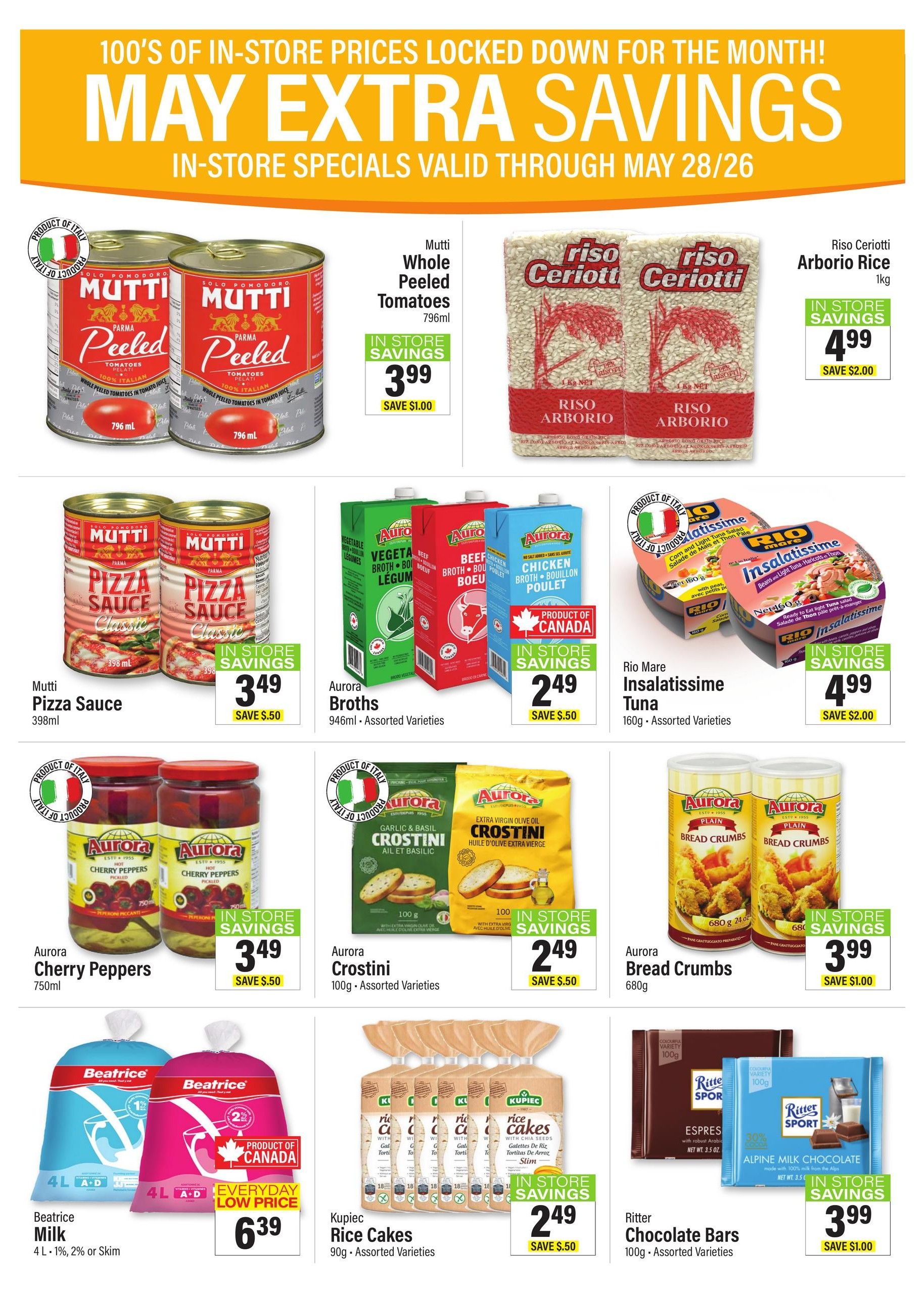 Commisso's Fresh Foods weekly flyer specials page 6 features 'May Extra Savings' valid through May 28/26. Featured products include Mutti Whole Peeled Tomatoes 796ml for $3.99, saving $1.00; Riso Cerriotti Arborio Rice 1kg for $4.99, saving $2.00; Mutti Pizza Sauce 398ml for $3.49, saving $0.50; Aurora Broths 946ml Assorted Varieties for $2.49, saving $0.50; Rio Mare Insalatissime Tuna 160g Assorted Varieties for $4.99, saving $2.00; Aurora Cherry Peppers 750ml for $3.49, saving $0.50; Aurora Crostini 100g Assorted Varieties for $2.49, saving $0.50; Aurora Bread Crumbs 680g for $3.99, saving $1.00; Beatrice Milk 4L 1%, 2% or Skim for $6.39; Kupiec Rice Cakes 90g Assorted Varieties for $2.49, saving $0.50; and Ritter Chocolate Bars 100g Assorted Varieties for $3.99, saving $1.00.