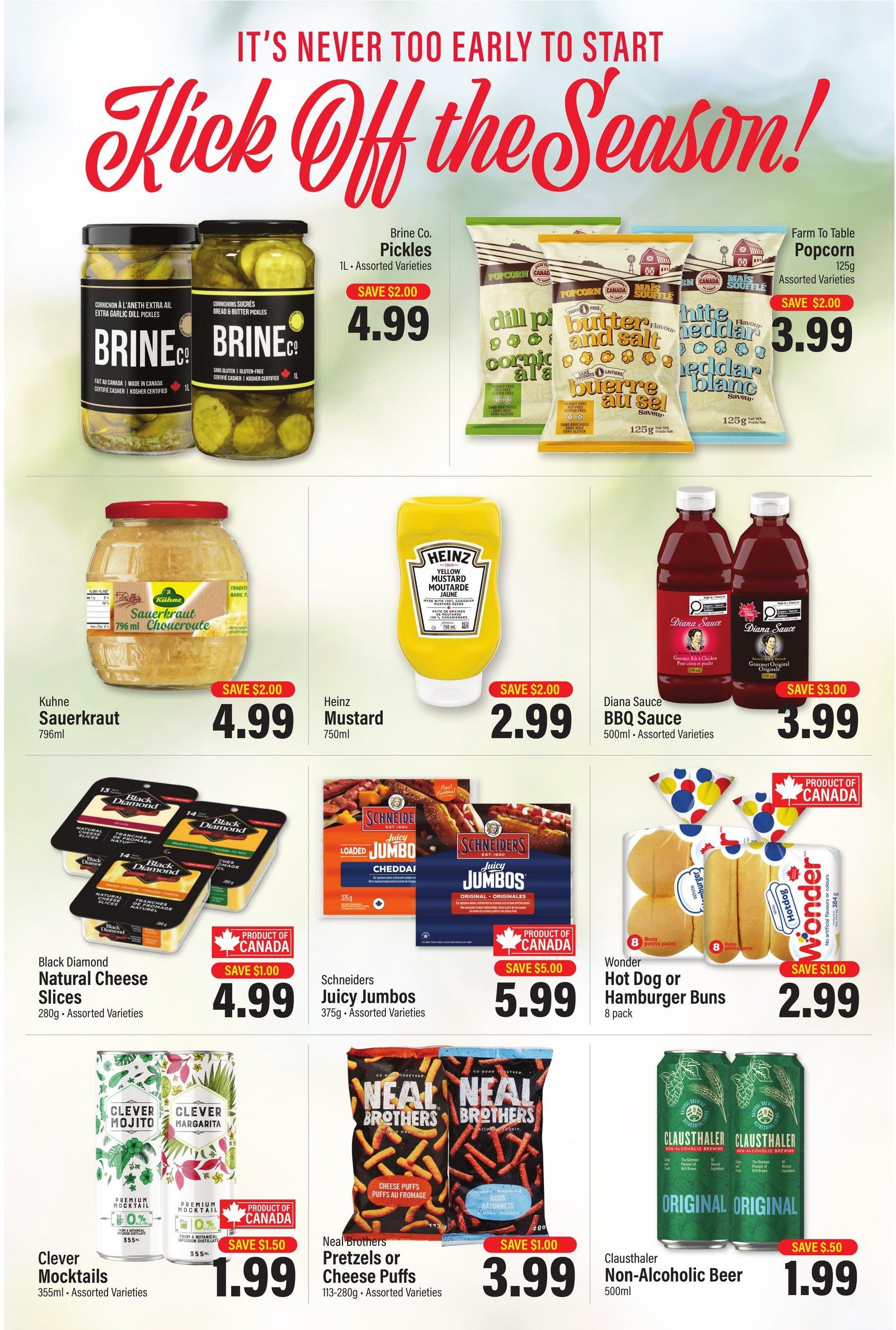 Commisso's Fresh Foods weekly flyer specials page 8 features a 'Kick Off the Season!' theme. Featured products include Brine Co. Pickles, 1L assorted varieties, on sale for $4.99 with a $2.00 saving. Farm To Table Popcorn, 125g assorted varieties, is $3.99 with a $2.00 saving. Kuhne Sauerkraut, 796mL, is $4.99 with a $2.00 saving. Heinz Yellow Mustard, 750mL, is $2.99. Diana Sauce BBQ Sauce, 500mL assorted varieties, is $3.99 with a $3.00 saving. Black Diamond Natural Cheese Slices, 280g assorted varieties, are $4.99 with a $1.00 saving. Schneiders Juicy Jumbos, 375g assorted varieties, are $5.99. Wonder Hot Dog or Hamburger Buns, 8 pack, are $2.99 with a $1.00 saving. Clever Mocktails, 355mL assorted varieties, are $1.99 with a $1.50 saving. Neal Brothers Pretzel or Cheese Puffs, 113-280g assorted varieties, are $3.99 with a $1.00 saving. Clausthaler Non-Alcoholic Beer, 500mL, is $1.99 with a $0.50 saving.