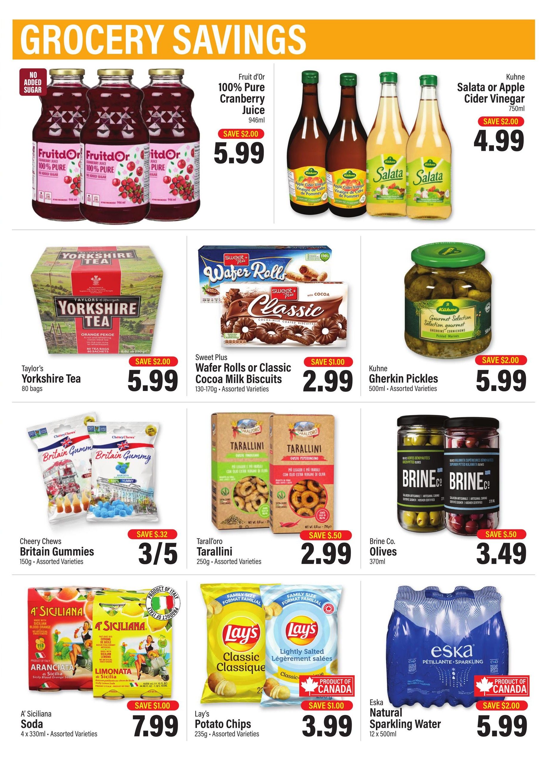 Commisso's Fresh Foods weekly flyer specials page 9 features grocery savings. Top row includes Fruit d'Or 100% Pure Cranberry Juice, 3 x 946ml bottles, on sale for $5.99 with a save $2.00 discount, and Kuhne Salata or Apple Cider Vinegar, 750ml, for $4.99 with a save $2.00 discount. The second row showcases Taylor's Yorkshire Tea, 80 bags, for $5.99 with a save $2.00 discount, Sweet Plus Wafer Rolls or Classic Cocoa Milk Biscuits, 130-170g assorted varieties, for $2.99 with a save $1.00 discount, and Kuhne Gherkin Pickles, 500ml assorted varieties, for $5.99 with a save $2.00 discount. The third row features Cherry Chews Britain Gummies, 150g assorted varieties, on sale for 3 for $5 with a save $0.32 discount, Tarall'oro Tarallini, 250g assorted varieties, for $2.99 with a save $0.50 discount, and Brine Co. Olives, 370ml, for $3.49 with a save $0.50 discount. The bottom row highlights A' Siciliana Soda, 4 x 330ml assorted varieties, for $7.99 with a save $1.00 discount, Lay's Potato Chips, 235g assorted varieties, for $3.99 with a save $1.00 discount, and Eska Natural Sparkling Water, 12 x 500ml, for $5.99 with a save $2.00 discount.