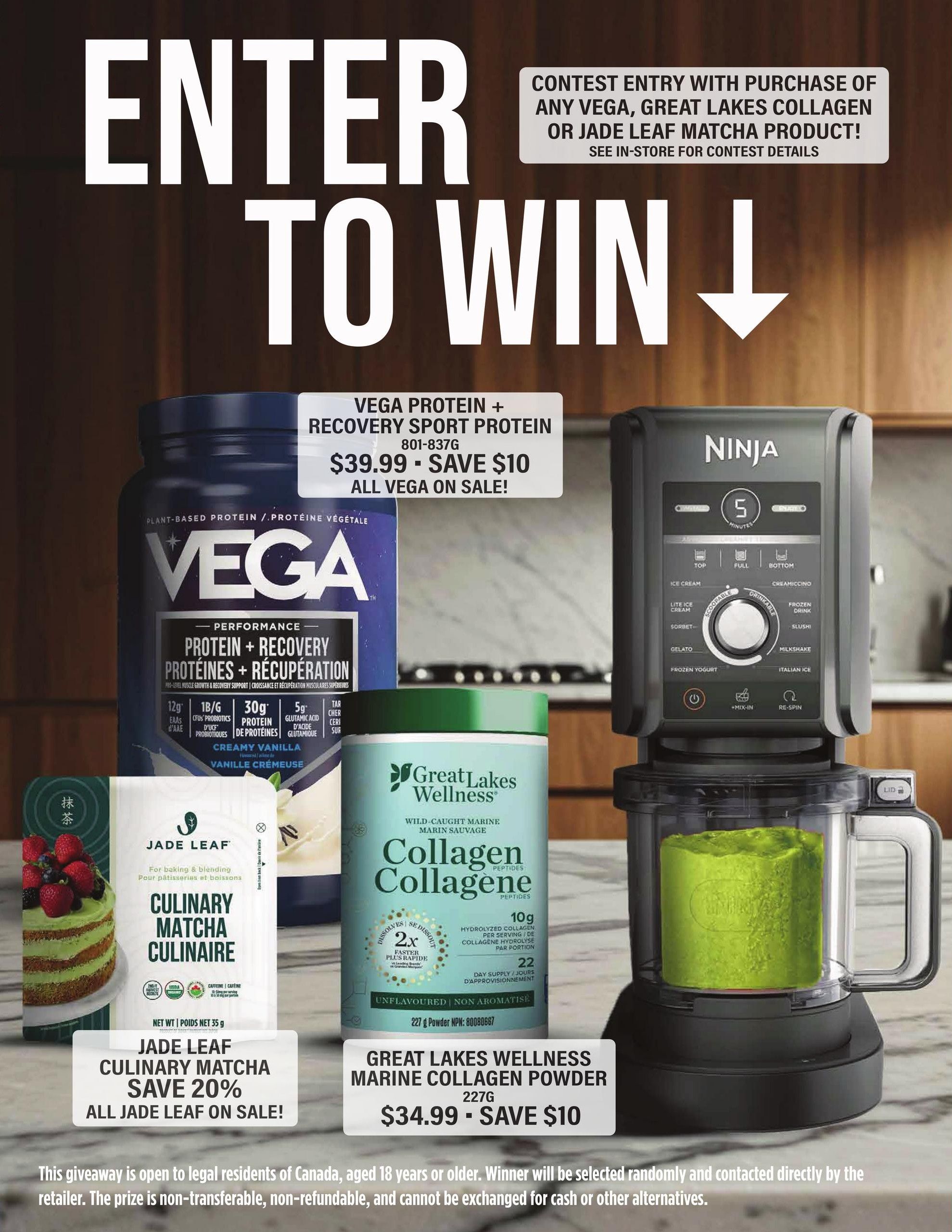 Commisso's Fresh Foods flyer, page 2. Features a contest entry with purchase of any Vega, Great Lakes Collagen, or Jade Leaf Matcha product. On sale: Vega Protein + Recovery Sport Protein, 801-837G, for $39.99, save $10, all Vega on sale. Jade Leaf Culinary Matcha, save 20%, all Jade Leaf on sale. Great Lakes Wellness Marine Collagen Powder, 227g, for $34.99, save $10. Also pictured is a Ninja food processor.