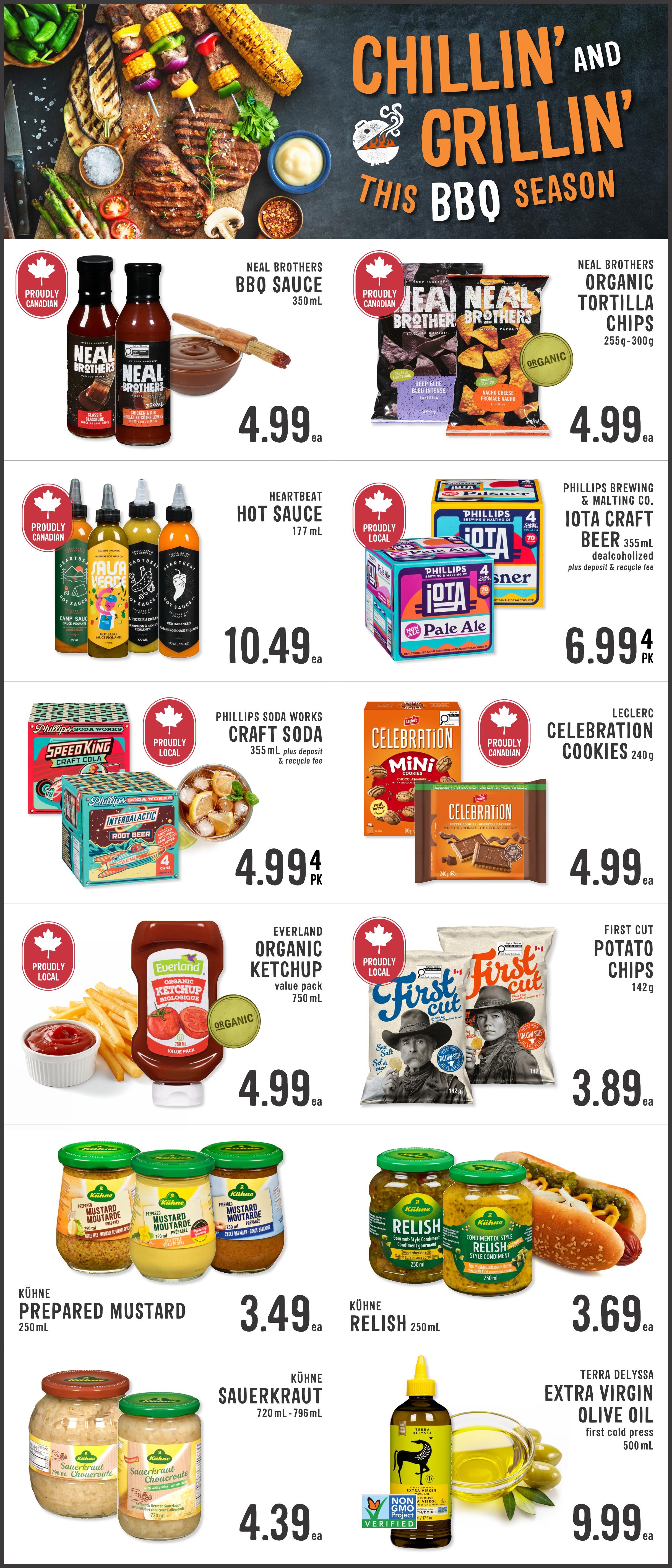 Fresh St. Market weekly flyer specials page 3 features BBQ season items. Neal Brothers BBQ Sauce is $4.99 for 350 mL. Neal Brothers Organic Tortilla Chips are $4.99 for 255g-300g. Heartbeat Hot Sauce is $10.49 for 177 mL. Phillips Brewing & Malting Co. Iota Craft Beer, a 355 mL dealcoholized pale ale, is $6.99 per package, plus deposit & recycle fee. Phillips Soda Works Craft Soda, including Speed King Craft Cola and Intergalactic Root Beer, is $4.99 per package, plus deposit & recycle fee. Leclerc Celebration Cookies, 240g, are $4.99. Everland Organic Ketchup value pack, 750 mL, is $4.99. First Cut Potato Chips, 142g, are $3.89. Kühne Prepared Mustard, 250 mL, is $3.49. Kühne Relish, 250 mL, is $3.69. Kühne Sauerkraut, 720 mL - 796 mL, is $4.39. Terra Delyssa Extra Virgin Olive Oil, first cold press, 500 mL, is $9.99.