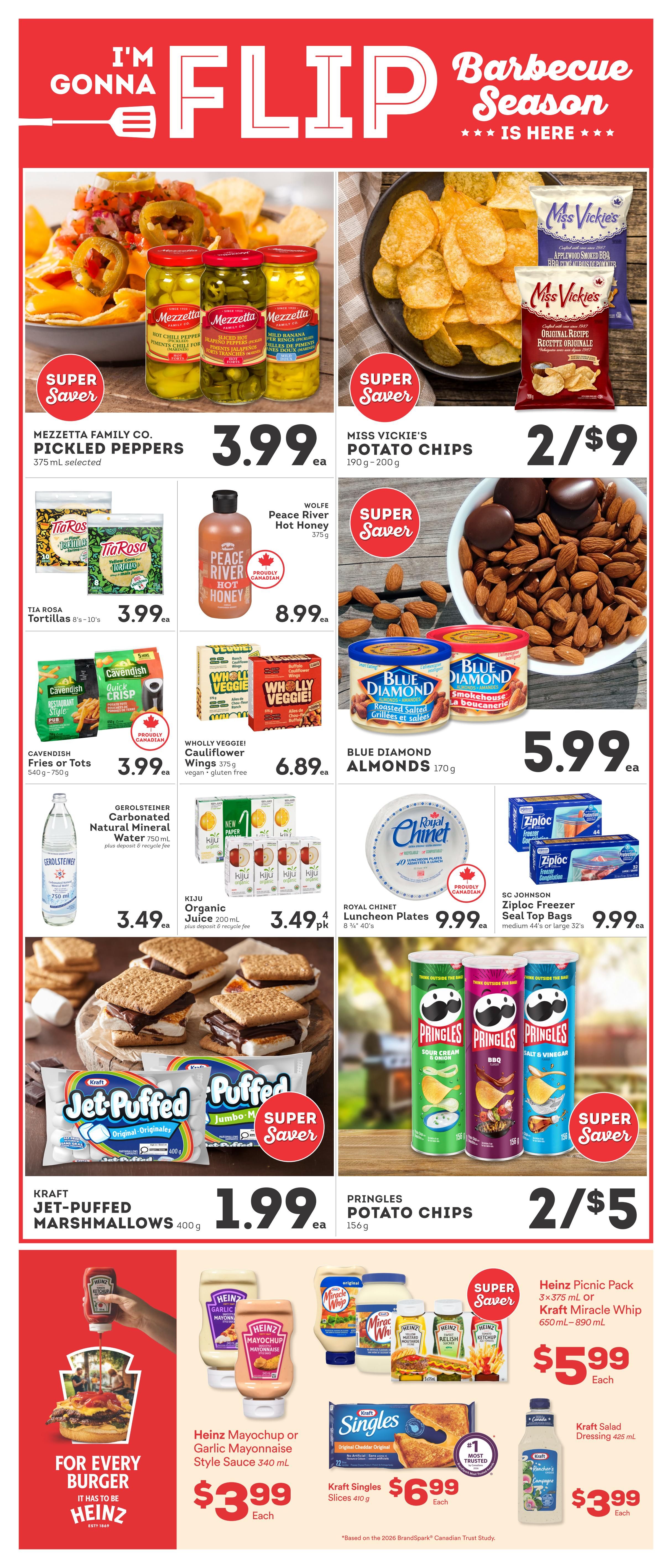 IGA British Columbia weekly flyer specials page 3 features a 'Barbecue Season' theme. Top row includes Mezzetta Family Co. Pickled Peppers for $3.99 and Miss Vickie's Potato Chips 2 for $9. Second row showcases Tia Rosa Tortillas 8's-10's for $3.99, Wolfe Peace River Hot Honey for $8.99, and Blue Diamond Almonds 170g for $5.99. The third row features Cavendish Fries or Tots 540g-750g for $3.99, Wholly Veggie! Cauliflower Wings 375g for $6.89, and Royal Chinet Luncheon Plates 8 1/4' 40's for $9.99. Below that, Gerolsteiner Carbonated Natural Mineral Water 750mL is $3.49, Kiju Organic Juice 3x375mL is $3.49 per pack, and SC Johnson Ziploc Freezer Seal Top Bags are $9.99. The bottom section highlights Kraft Jet-Puffed Marshmallows 400g for $1.99 and Pringles Potato Chips 156g 2 for $5. A special section promotes Heinz Mayochup or Garlic Mayonnaise Style Sauce 340 mL for $3.99 each, Kraft Singles Slices 410g for $6.99 each, and Kraft Salad Dressing 425mL for $3.99 each. A Heinz 'For Every Burger' promotion is also visible.