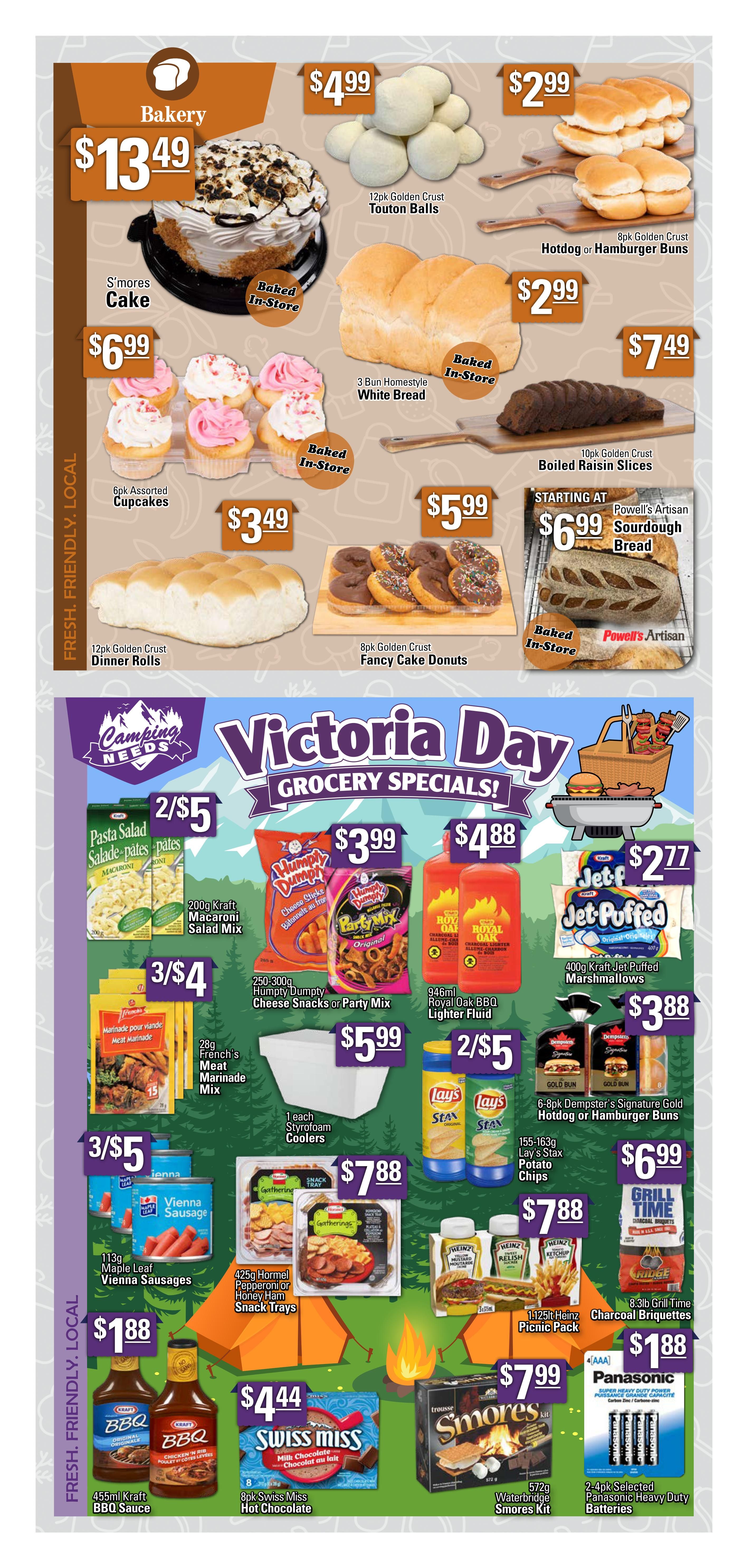 Powell's Supermarket flyer page 6 features Victoria Day Grocery Specials. Bakery items include a S'mores Cake for $13.49, 6pk Assorted Cupcakes for $6.99, 12pk Golden Crust Dinner Rolls for $3.49, 12pk Golden Crust Touton Balls for $4.99, 3 Bun Homestyle White Bread for $2.99, 8pk Golden Crust Hotdog or Hamburger Buns for $2.99, 10pk Golden Crust Boiled Raisin Slices for $7.49, and 8pk Golden Crust Fancy Cake Donuts for $5.99. Powell's Artisan Sourdough Bread is starting at $6.99. Grocery specials include 2/$5 Kraft Pasta Salad Mix, 250-300g Humpty Dumpty Cheese Snacks or Party Mix for $3.99, 946ml Royal Oak BBQ Lighter Fluid for $4.88, 400g Kraft Jet-Puffed Marshmallows for $2.77, 3/$4 28g French's Meat Marinade Mix, 1 each Styrofoam Coolers for $5.99, 2/$5 Lay's Stax Potato Chips (155-163g), 6-8pk Dempster's Signature Gold Hotdog or Hamburger Buns for $3.88, 3/$5 Maple Leaf Vienna Sausages (113g), 425g Hormel Pepperoni or Honey Ham Snack Trays for $7.88, 8.3lb Grill Time Charcoal Briquettes for $6.99, 455ml Kraft BBQ Sauce for $1.88, 8pk Swiss Miss Hot Chocolate for $4.44, 572g Waterbridge Smores Kit for $7.99, and 2-4pk Selected Panasonic Heavy Duty Batteries for $1.88. A 1.125lt Heinz Picnic Pack is $7.88.