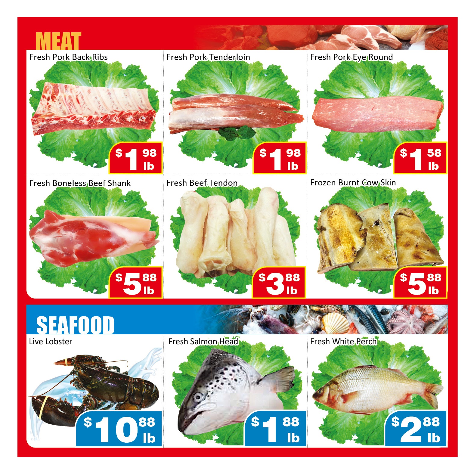 Jian Hing Supermarket weekly flyer specials page 4 features meat and seafood. Meat products include Fresh Pork Back Ribs for $1.98/lb, Fresh Pork Tenderloin for $1.98/lb, Fresh Pork Eye Round for $1.58/lb, Fresh Boneless Beef Shank for $5.88/lb, Fresh Beef Tendon for $3.88/lb, and Frozen Burnt Cow Skin for $5.88/lb. Seafood options include Live Lobster for $10.88/lb, Fresh Salmon Head for $1.88/lb, and Fresh White Perch for $2.88/lb.