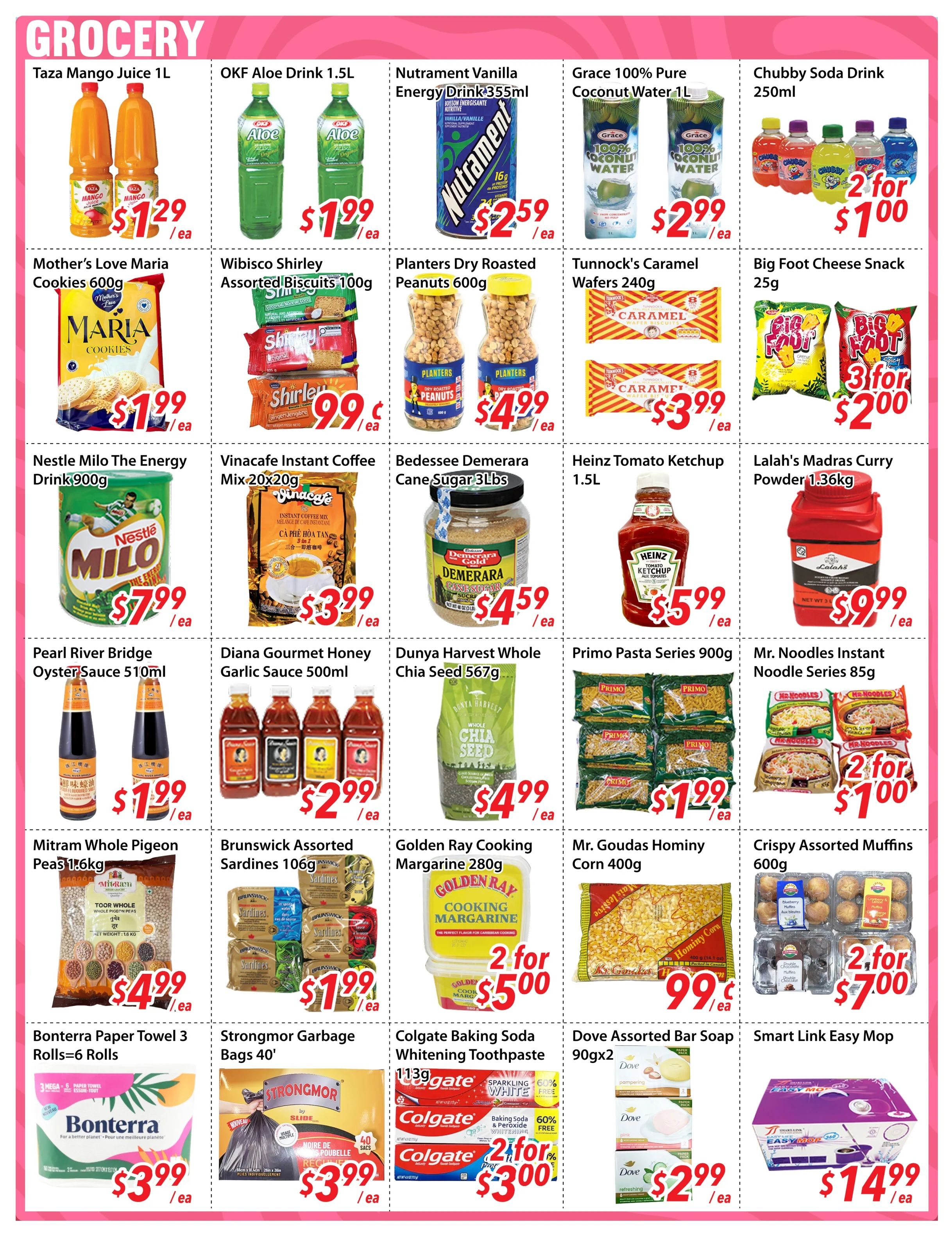 Bestco Food Mart weekly flyer specials page 3, featuring a variety of grocery items. Deals include Taza Mango Juice 1L for $1.29 each, OKF Aloe Drink 1.5L for $1.99 each, Nutrament Vanilla Energy Drink 355ml for $2.59 each, and Grace 100% Pure Coconut Water 1L for $2.99 each. Chubby Soda Drink 250ml is 2 for $1.00. Biscuits and cookies on sale are Mother's Love Maria Cookies 600g for $1.99, Wibisco Shirley Assorted Biscuits 100g for $0.99, Planters Dry Roasted Peanuts 600g for $4.99, Tunnock's Caramel Wafers 240g for $3.99, and Big Foot Cheese Snack 25g is 3 for $2.00. Other grocery deals include Nestle Milo The Energy Drink 900g for $7.99, Vinacafe Instant Coffee Mix 20x20g for $3.99, Bedessee Demerara Cane Sugar 3lbs for $4.59, Heinz Tomato Ketchup 1.5L for $5.99, and Lalah's Madras Curry Powder 1.36kg for $9.99. Sauces and condiments featured are Pearl River Bridge Oyster Sauce 510ml for $1.99, Diana Gourmet Honey Garlic Sauce 500ml for $2.99, and Dunya Harvest Whole Chia Seed 567g for $4.99. Pasta and noodles include Primo Pasta Series 900g for $1.99 and Mr. Noodles Instant Noodle Series 85g for 2 for $1.00. Canned goods and pantry items on sale are Mitram Whole Pigeon Peas 1.6kg for $4.99, Brunswick Assorted Sardines 106g for $1.99, Golden Ray Cooking Margarine 280g for 2 for $5.00, and Mr. Goudas Hominy Corn 400g for $0.99. Bakery and snacks include Crispy Assorted Muffins 600g for 2 for $7.00. Household items on special are Bonterra Paper Towel 3 Rolls=6 Rolls for $3.99, Strongmor Garbage Bags 40' for $3.99, Colgate Baking Soda Whitening Toothpaste 113g for 2 for $3.00, Dove Assorted Bar Soap 90gx2 for $2.99, and Smart Link Easy Mop for $14.99.