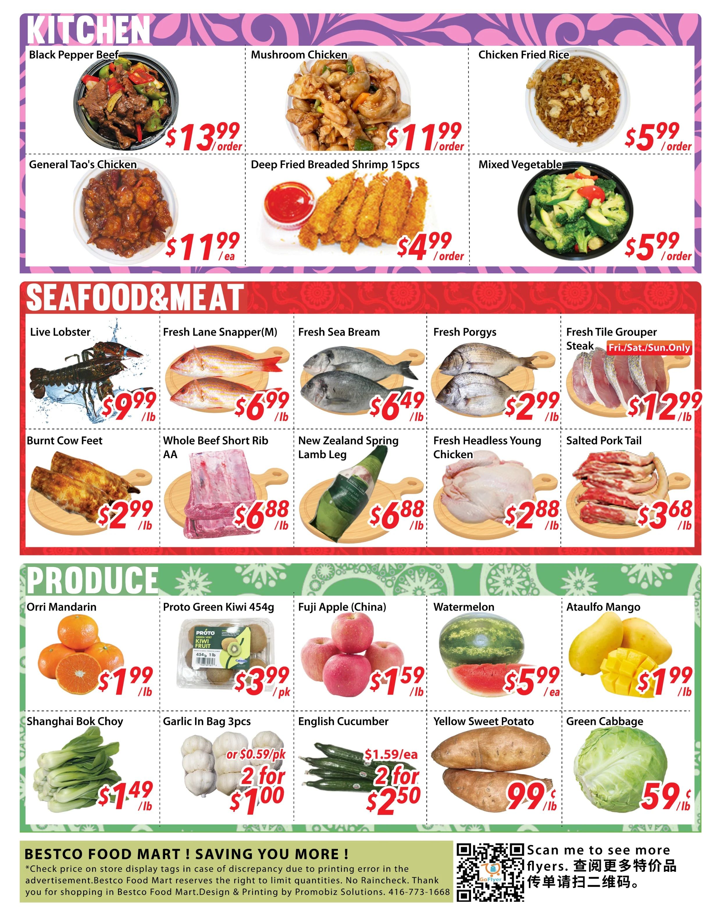Bestco Food Mart weekly flyer specials page 4. Kitchen items include Black Pepper Beef for $13.99/order, General Tao's Chicken for $11.99/ea, Mushroom Chicken for $11.99/order, Deep Fried Breaded Shrimp 15pcs for $4.99/order, Chicken Fried Rice for $5.99/order, and Mixed Vegetable for $5.99/order. Seafood & Meat section features Live Lobster for $9.99/lb, Fresh Lane Snapper (M) for $6.99/lb, Fresh Sea Bream for $6.49/lb, Fresh Porgys for $2.99/lb, Fresh Tile Grouper Steak for $12.99/lb (Fri/Sat/Sun only). Also available are Burnt Cow Feet for $2.99/lb, Whole Beef Short Rib AA for $6.88/lb, New Zealand Spring Lamb Leg for $6.88/lb, Fresh Headless Young Chicken for $2.88/lb, and Salted Pork Tail for $3.68/lb. Produce section offers Orri Mandarin for $1.99/lb, Proto Green Kiwi 454g for $3.99/pk, Fuji Apple (China) for $1.59/lb, Watermelon for $5.99/ea, Ataulfo Mango for $1.99/lb, Shanghai Bok Choy for $1.49/lb, Garlic in bag 3pcs for 2 for $1.00 (or $0.59/pk), English Cucumber for 2 for $2.50 (or $1.59/ea), Yellow Sweet Potato for $0.99/lb, and Green Cabbage for $0.59/lb.