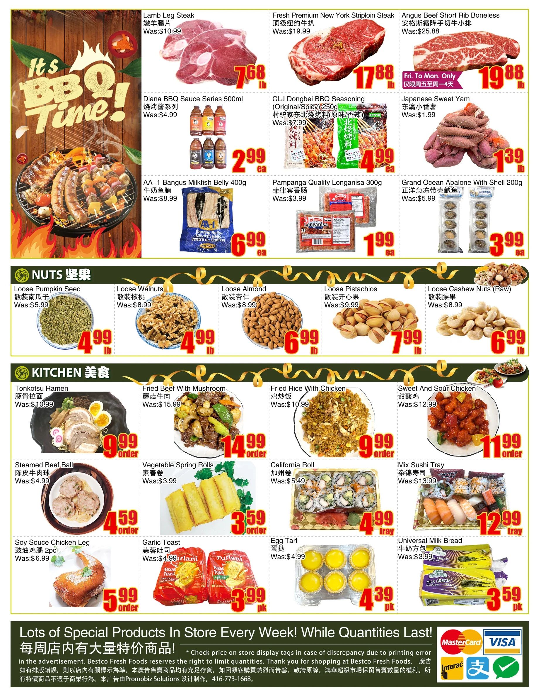Bestco Food Mart flyer page 4 features BBQ Time specials including Lamb Leg Steak for $7.68/lb, Fresh Premium New York Striploin Steak for $17.88/lb, and Angust Beef Short Rib Boneless for $19.88/lb. Also available are Diana BBQ Sauce Series 500ml for $2.99 each, CLJ Dongbei BBQ Seasoning (Original/Spicy) 250g for $4.99 each, and Japanese Sweet Yam for $1.39/lb. AA-1 Bangus Milkfish Belly 400g is $6.99 each, Pampanga Quality Longanisa 300g is $1.99 each, and Grand Ocean Abalone With Shell 200g is $3.99 each. In the Nuts section, find Loose Pumpkin Seed for $4.99/lb, Loose Walnuts for $4.99/lb, Loose Almond for $6.99/lb, Loose Pistachios for $7.99/lb, and Loose Cashew Nuts (Raw) for $6.99/lb. The Kitchen section offers Tonkotsu Ramen for $9.99/order, Fried Beef With Mushroom for $14.99/order, Fried Rice With Chicken for $9.99/order, and Sweet And Sour Chicken for $11.99/order. Additional items include Steamed Beef Ball for $4.59/order, Vegetable Spring Rolls for $3.59/order, California Roll for $4.99/tray, Mix Sushi Tray for $12.99/tray, Soy Souce Chicken Leg 2pc for $5.99/order, Garlic Toast for $3.99/pk, Egg Tart for $4.39/pk, and Universal Milk Bread for $3.59/pk. The bottom of the page highlights 'Lots of Special Products In Store Every Week! While Quantities Last!' with payment options including Mastercard, Visa, and Interac.