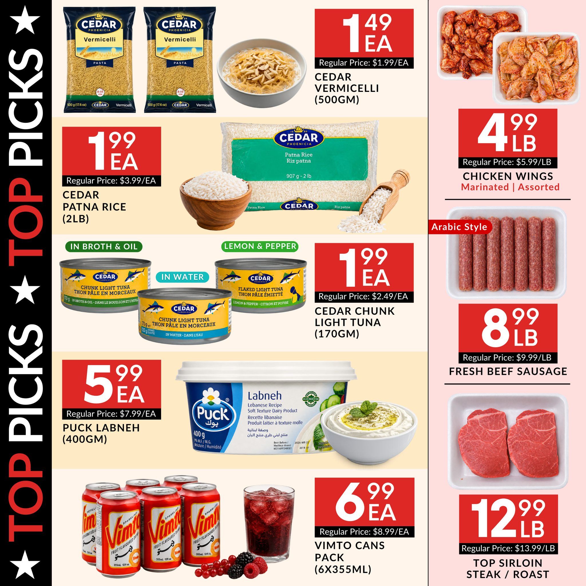 Basha Foods International weekly flyer specials, page 2. Featured products include Cedar Vermicelli pasta for $1.49 each (regularly $1.99), Cedar Patna Rice (2lb) for $1.99 each (regularly $3.99), Cedar Chunk Light Tuna (170gm) in various flavours like In Broth & Oil and In Water for $1.99 each (regularly $2.49). Also available is Puck Labneh (400gm) for $5.99 each (regularly $7.99), and Vimto Cans (6x355ml) for $6.99 each (regularly $8.99). On the right side, find Marinated Chicken Wings for $4.99 LB (regularly $5.99 LB), Arabic Style Fresh Beef Sausage for $8.99 LB (regularly $9.99 LB), and Top Sirloin Steak/Roast for $12.99 LB (regularly $13.99 LB).