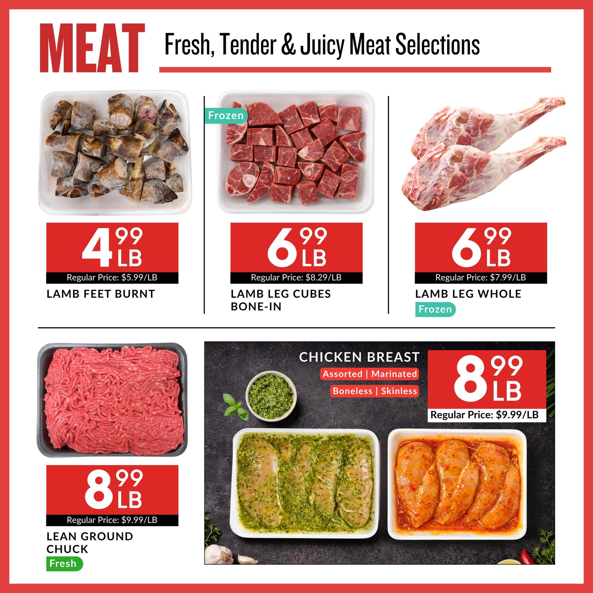 Basha Foods International weekly flyer specials page 3 features a variety of meat selections. Top row includes Lamb Feet Burnt for $4.99/LB (regular price $5.99/LB), Frozen Lamb Leg Cubes Bone-In for $6.99/LB (regular price $8.29/LB), and Frozen Lamb Leg Whole for $6.99/LB (regular price $7.99/LB). Bottom row features Lean Ground Chuck, fresh, for $8.99/LB (regular price $9.99/LB), and Chicken Breast, assorted, marinated, boneless, skinless, for $8.99/LB (regular price $9.99/LB).