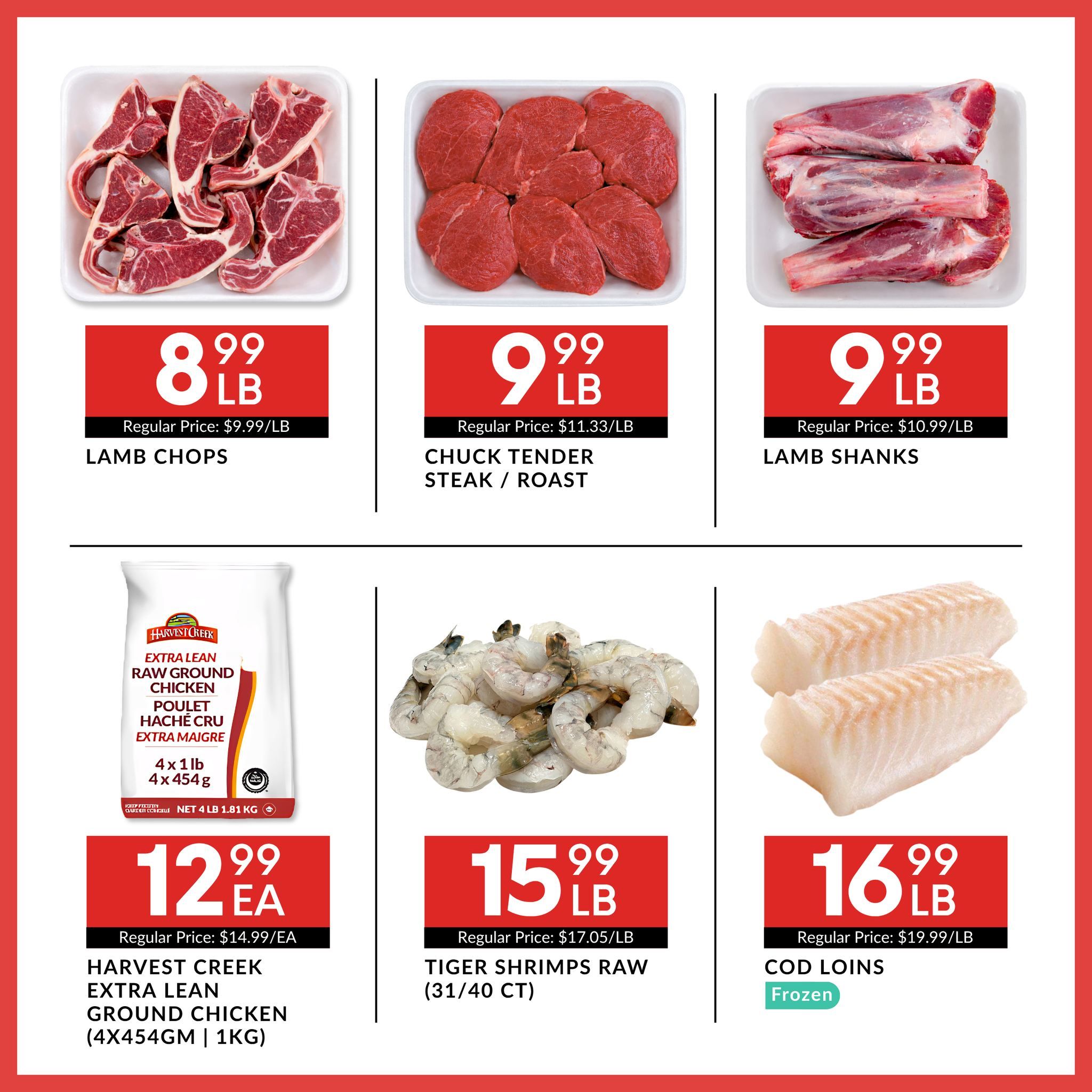 Basha Foods International weekly flyer specials, page 4. Featured items include Lamb Chops for $8.99/LB (regular price $9.99/LB), Chuck Tender Steak/Roast for $9.99/LB (regular price $11.33/LB), and Lamb Shanks for $9.99/LB (regular price $10.99/LB). Also available is Harvest Creek Extra Lean Ground Chicken (4x454g | 1kg) for $12.99 each (regular price $14.99/EA). Tiger Shrimps Raw (31/40 ct) are on sale for $15.99/LB (regular price $17.05/LB), and Frozen Cod Loins are priced at $16.99/LB (regular price $19.99/LB).