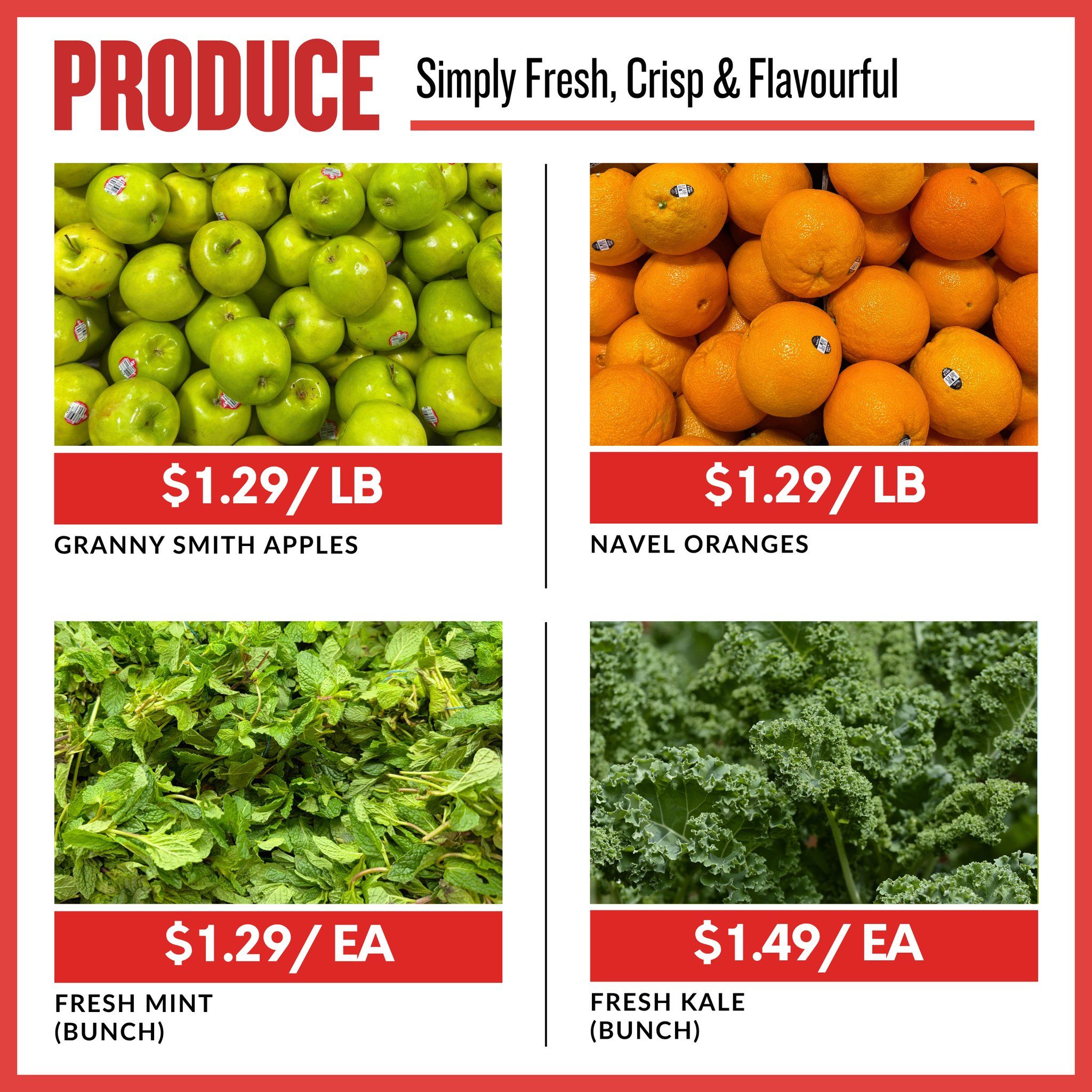 Basha Foods International weekly flyer specials page 5 features a selection of fresh produce. Enjoy Granny Smith Apples for $1.29 per pound and Navel Oranges for $1.29 per pound. Fresh Mint is available for $1.29 each bunch, and Fresh Kale is priced at $1.49 per bunch.