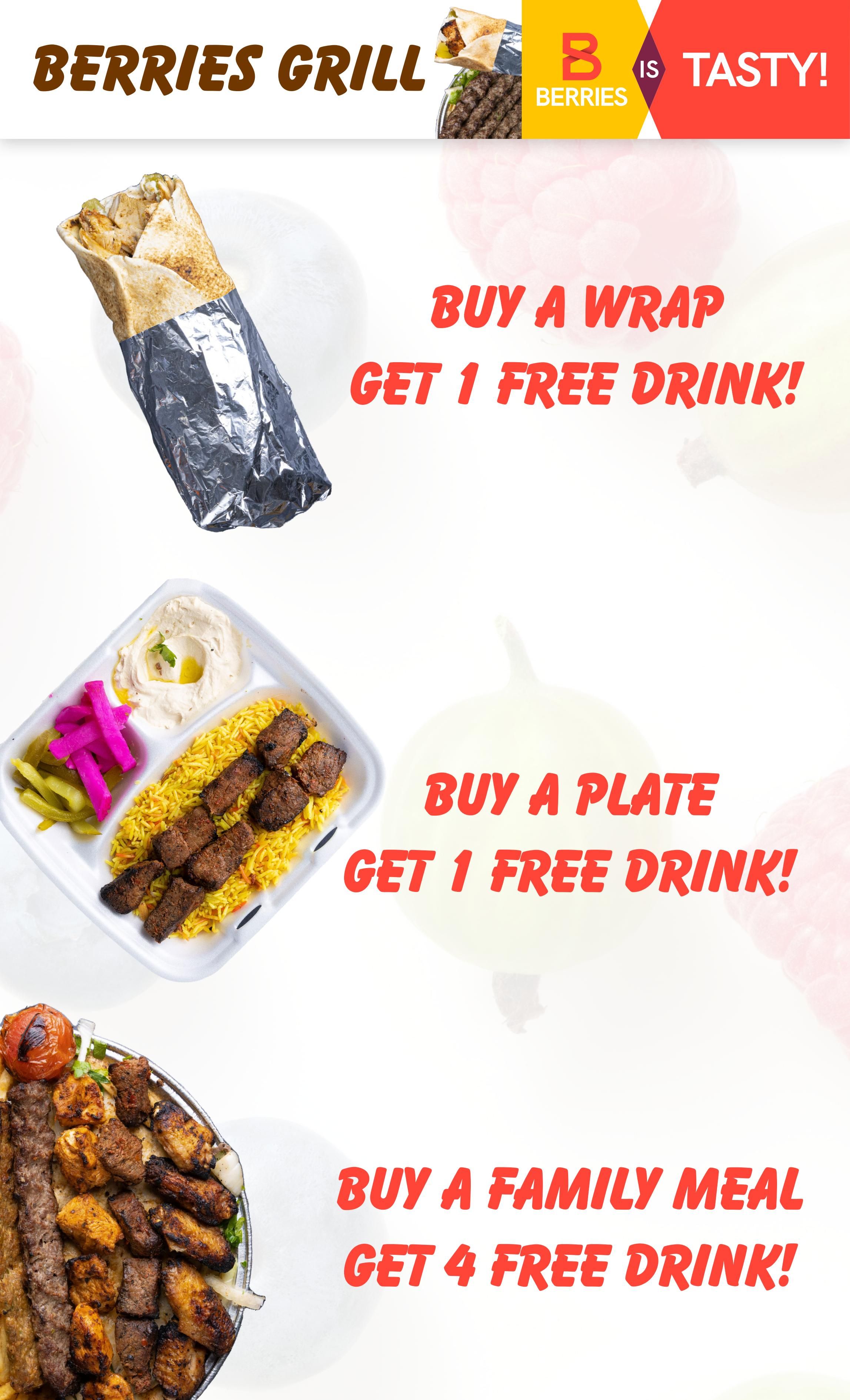 Berries Market Grill specials page featuring various meal deals. Offers include: Buy a wrap and get 1 free drink; Buy a plate and get 1 free drink; Buy a family meal and get 4 free drinks. Images show a chicken wrap, a plate with rice, hummus, pickles, and grilled meat, and a large platter with assorted grilled meats including skewers and chicken wings.