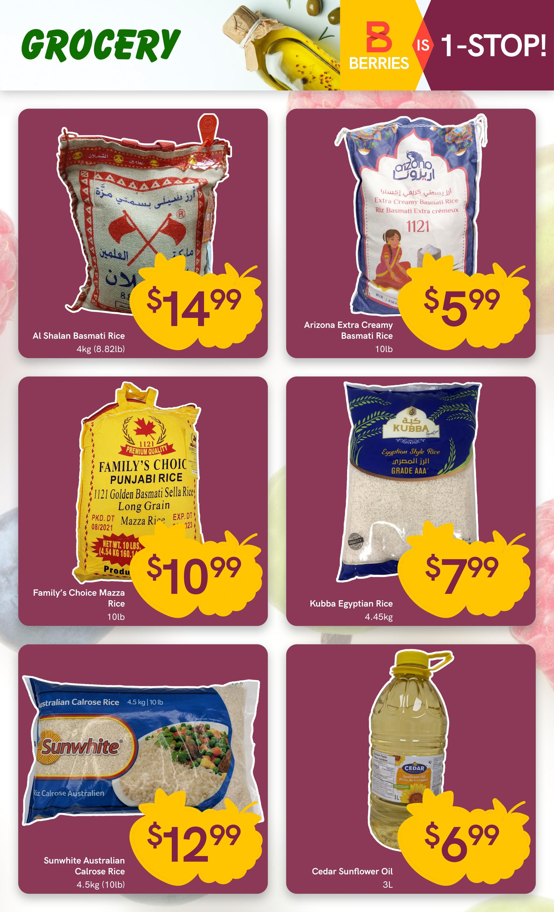 Berries Market weekly flyer specials page 9 features a grocery section with various rice and oil products. Featured items include Al Shalan Basmati Rice 4kg for $14.99, Arizona Extra Creamy Basmati Rice 10lb for $5.99, Family's Choice Mazza Rice 10lb for $10.99, and Kubba Egyptian Style Rice 4.45kg for $7.99. Also available is Sunwhite Australian Calrose Rice 4.5kg (10lb) for $12.99 and Cedar Sunflower Oil 3L for $6.99.