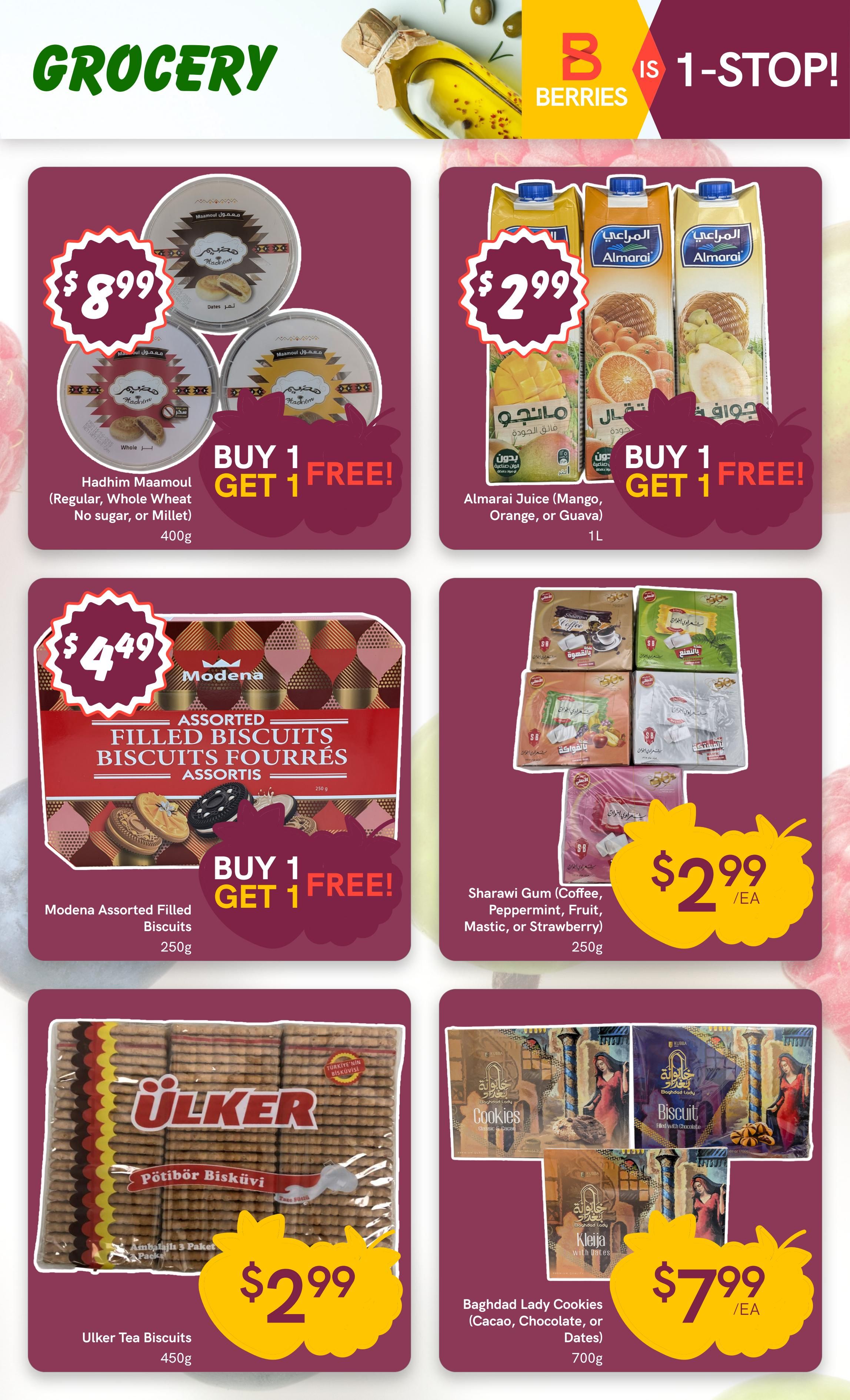 Berries Market weekly flyer specials page 16 features grocery items. Top row includes Hadhim Maamoul (Regular, Whole Wheat, No sugar, or Millet) 400g for $8.99, Buy 1 Get 1 Free, and Almarai Juice (Mango, Orange, or Guava) 1L for $2.99, Buy 1 Get 1 Free. Middle row features Modena Assorted Filled Biscuits 250g for $4.49, Buy 1 Get 1 Free, and Sharawi Gum (Coffee, Peppermint, Fruit, Mastic, or Strawberry) 250g for $2.99 each. Bottom row includes Ulker Tea Biscuits 450g for $2.99 and Baghdad Lady Cookies (Cacao, Chocolate, or Dates) 700g for $7.99 each.