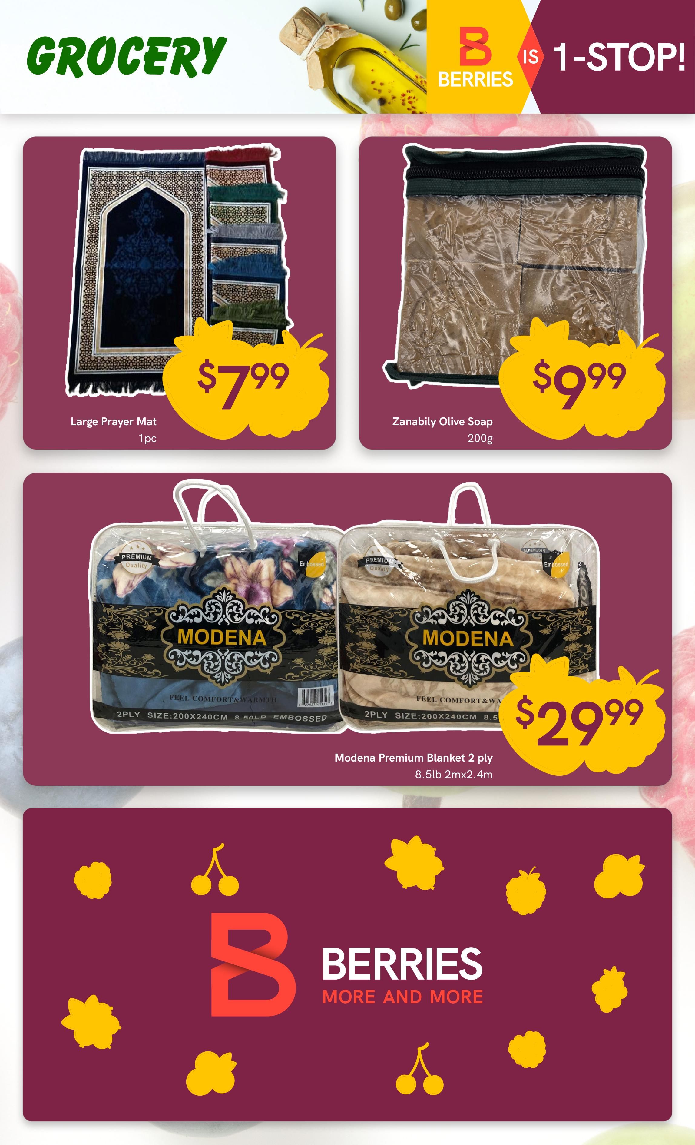 Berries Market Grocery page featuring a Large Prayer Mat for $7.99, Zanabilly Olive Soap for $9.99, and a Modena Premium Blanket 2 ply (8.5lb, 2mx2.4m) for $29.99. The page also includes the Berries Market logo and slogan 'More and More'.