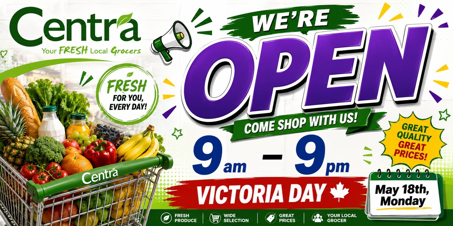 Centra Food Market flyer page 2 featuring produce specials. Product of Costa Rica Chayote is $1.28/lb, regular $1.99/lb. Product of Ontario Local Royal Gala Apples are $0.98/lb, regular $1.59/lb. Product of Mexico Whole Jackfruit is $1.28/lb, regular $1.99/lb. Product of Ontario English Cucumber is 3 for $2.50, regular 2/$3. Product of Mexico Gai Lan Tips are $1.98/lb, regular $2.59/lb. Magnolia Ice Cream 1.42L is $6.99/ea, regular $9.99/ea. Under the Produce section: Product of USA Seedless Watermelon is $6.98/ea, regular $9.99/ea. Product of Peru Red Pomegranate is $2.98/ea, regular $3.99/ea. Product of Mexico Small Honeydew is $3.98/ea, regular $4.99/ea. Product of New Zealand Box of Golden Kiwi is $9.88/box, regular $12.99/box. Product of USA Fresh Golden/BL Corn is $3.88/pack. Product of USA Korean Cabbage is $1.28/lb, regular $1.59/lb. Product of USA 2lbs Bag Baby Spinach is $5.98/bag, regular $7.99/bag. Product of Mexico Baby Mustard is $0.98/lb, regular $1.59/lb. Product of Mexico Opo Squash is $1.58/lb, regular $1.99/lb. Product of USA Rich Cauliflower is $1.88/lb, regular $2.59/lb. Product of China Purple Skin Garlic is $1.98/lb, regular $2.99/lb. Product of Ontario Blue Oyster Mushroom is 2 for $5/pack, regular $3.99/pack.