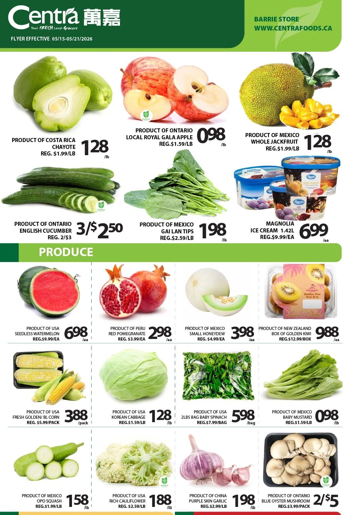 Centra Food Market, Your FRESH Local Grocers, announces 'WE'RE OPEN' with shopping hours from 9 am to 9 pm. The flyer highlights Victoria Day on Monday, May 18th, and features a shopping cart filled with fresh produce including pineapple, bananas, grapes, blueberries, broccoli, lettuce, tomatoes, bell peppers, and oranges. Additional text emphasizes 'FRESH FOR YOU, EVERY DAY!', 'GREAT QUALITY GREAT PRICES!', 'FRESH PRODUCE', 'WIDE SELECTION', and 'YOUR LOCAL GROCER'.